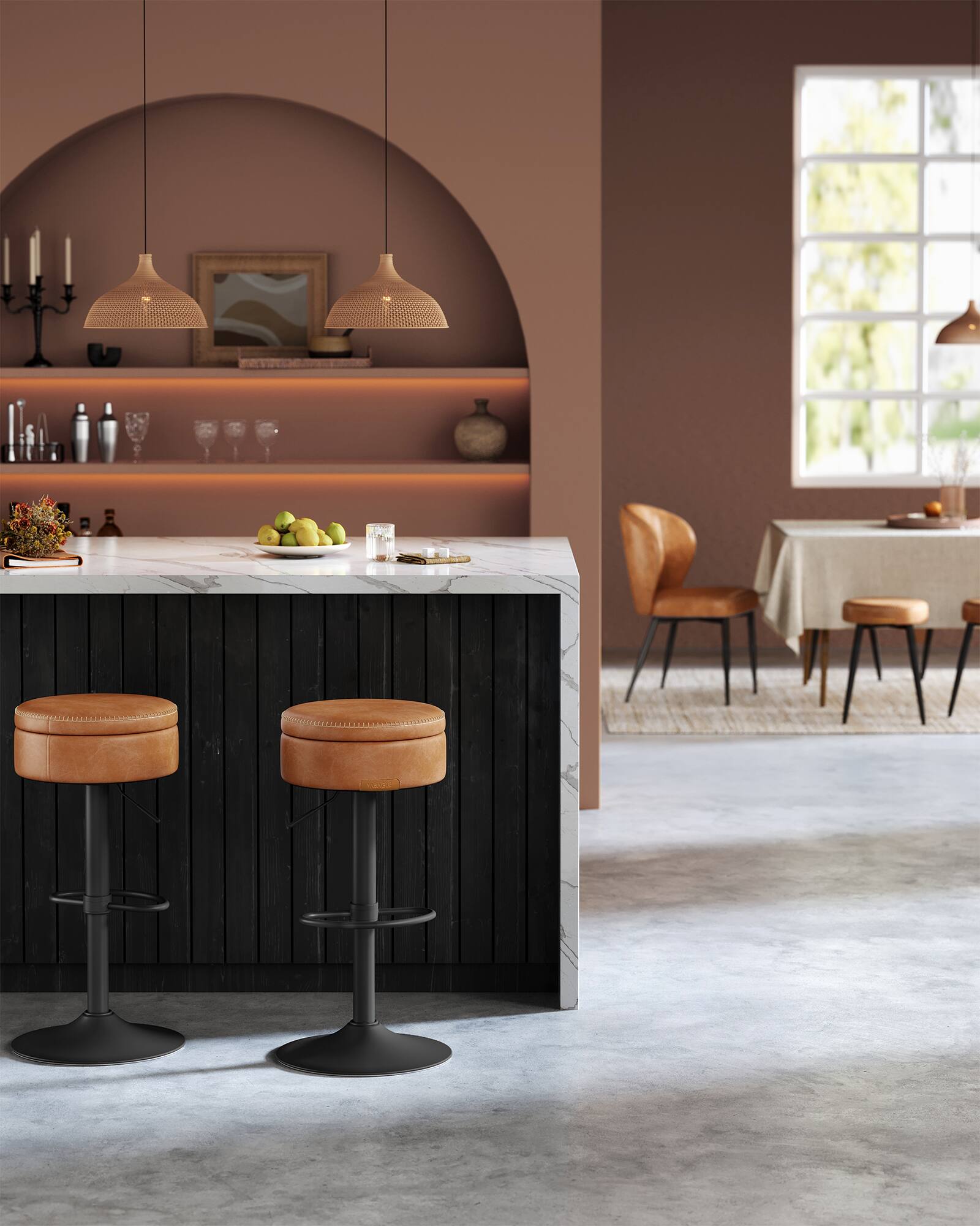 Alt View 2. Songmics Home - 360° Swivel Bar Stool, Height Adjustable Barstool with Storage, Synthetic Leather with Stitching, Mid-Century Modern - Caramel.