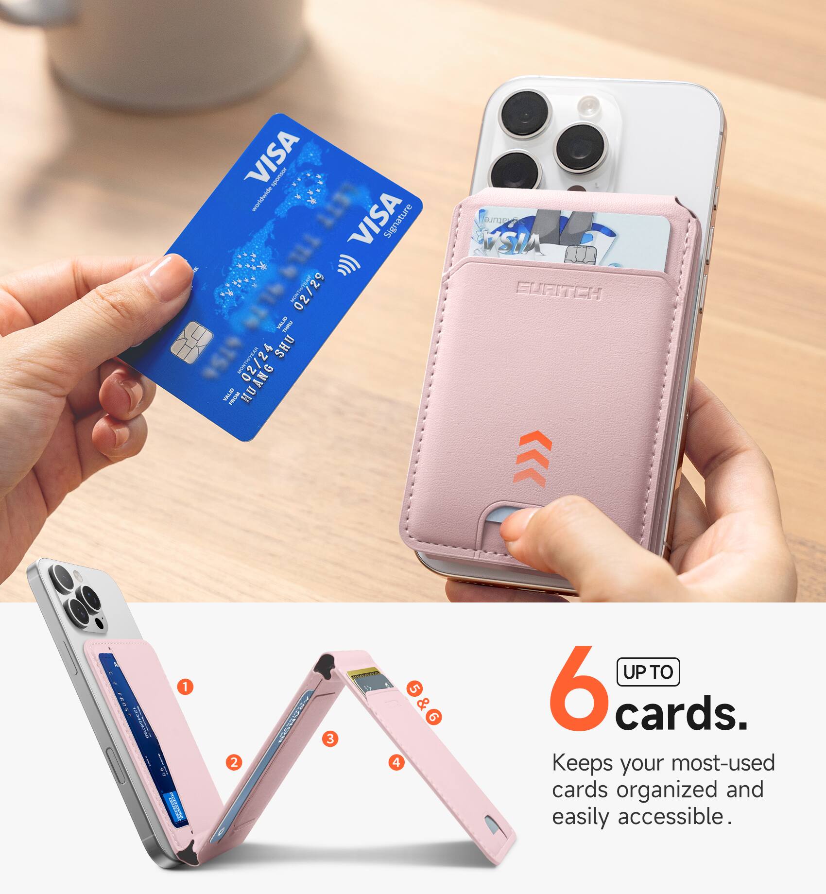 VISA 1Emonr apopute VISA Signature ! 02/29 OFTEL I H WVIL D- 4 SHU HUANG 02/2 WTEN I sunI SIA EURITEH PR. I 1 I 2  3 4 5 & 9 UP TO 6 cards. 6 cards. Keeps your most-used cards organized and easily accessible.