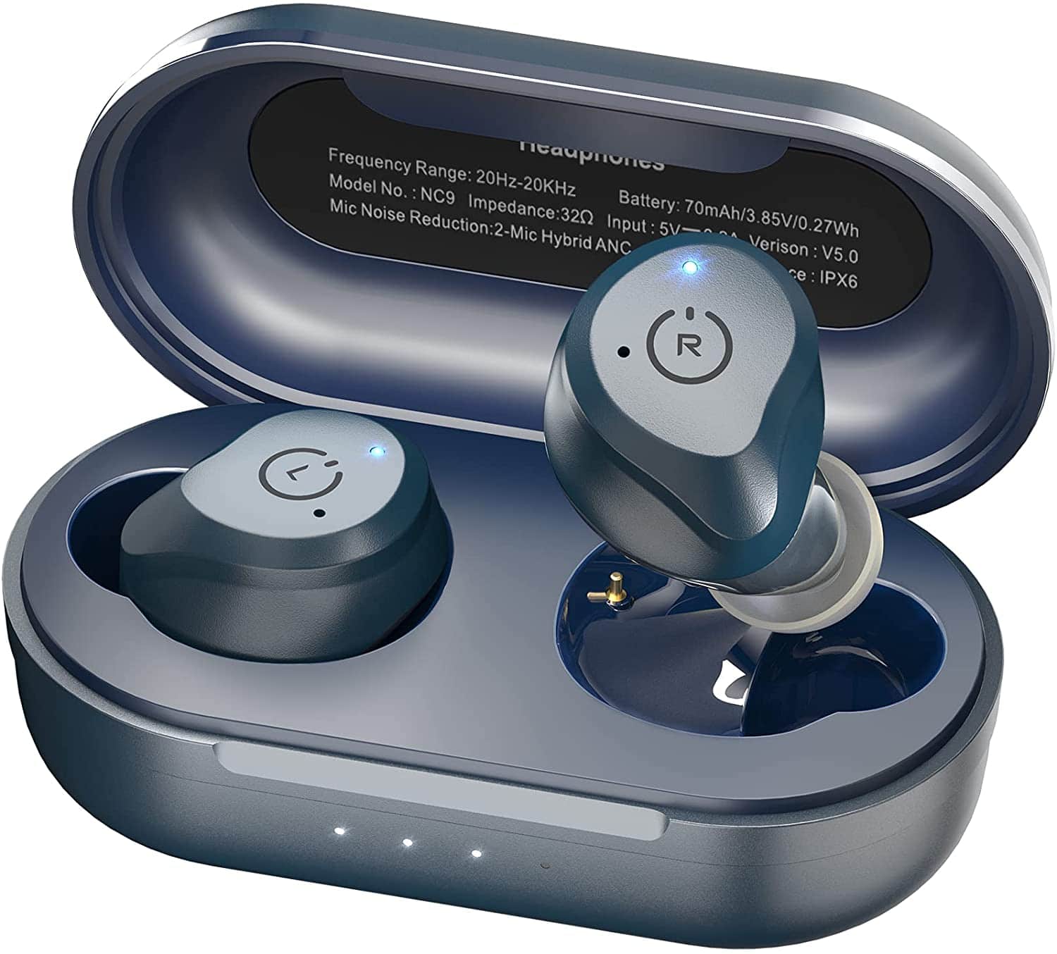 TOZO - Hybrid 3-Layer ANC Stereo Earbuds - 40H, ENC Mic Clear Calls, IPX6 Waterproof, APP-32EQ, Wireless Charge, Touch Control - Blue