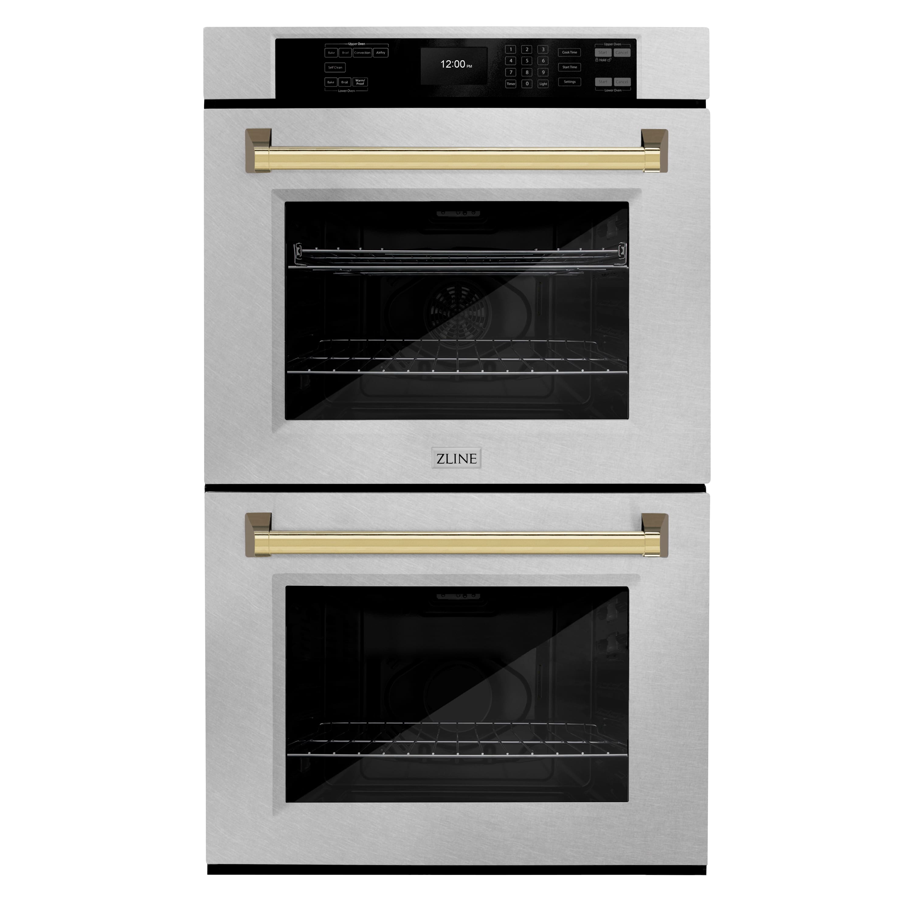 ZLINE - 30 in. Autograph Double Wall Oven w/ Air Fry in Satin Steel w/ Gold Handles - Satin Stainless Steel - Front_Zoom