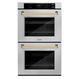 ZLINE - 30 in. Autograph Double Wall Oven w/ Air Fry in Satin Steel w/ Gold Handles - Satin Stainless Steel