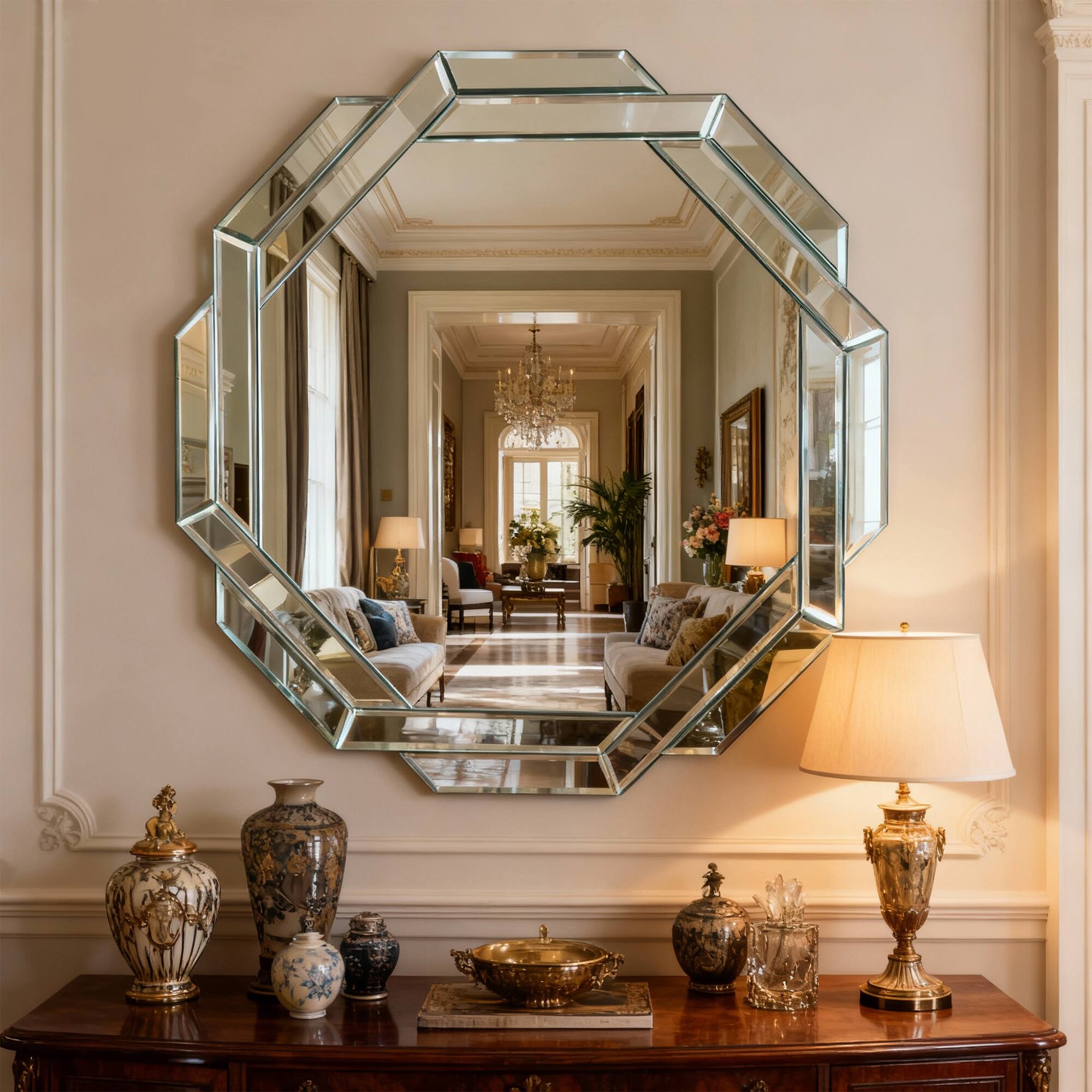 Front. TinyHomie - 29 Inch Octagonal Living Room Mirror Beveled Edge Frameless Wall Mirror for Wall Decor Bathroom Dining Room and Hallway.