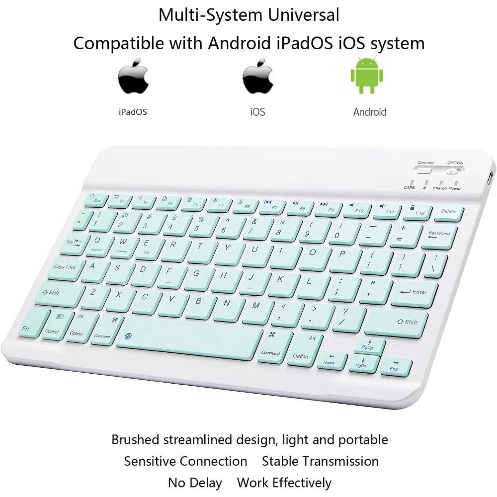 Multi-System Universal  
Compatible with Android iPadOS iOS system  

iPadOS iOS Android  

Connect OFFION Fn Caps Lock Shift Ar Contor Cipton o t Ew F1 ! a f 2 Q W A S Z x x Gero Q F2 # 3 E xs D  2 F3 S 4 R F V 0 n % 5 T G B  F4 A 6 Y H N a H4 FR F & * 7 8 U / J K M < 3 28 Comman CAPS * Change Pieser A AN - M Fa F3  F1o F1 Delete P12  , - + 9 O Backspace - = O P I } / J L : W ; I Enter  ? / Shift Alt  Pyip Option  Nume PUDo End  

Brushed streamlined design, light and portable  
Sensitive Connection  
Stable Transmission  
No Delay  
Work Effectively
