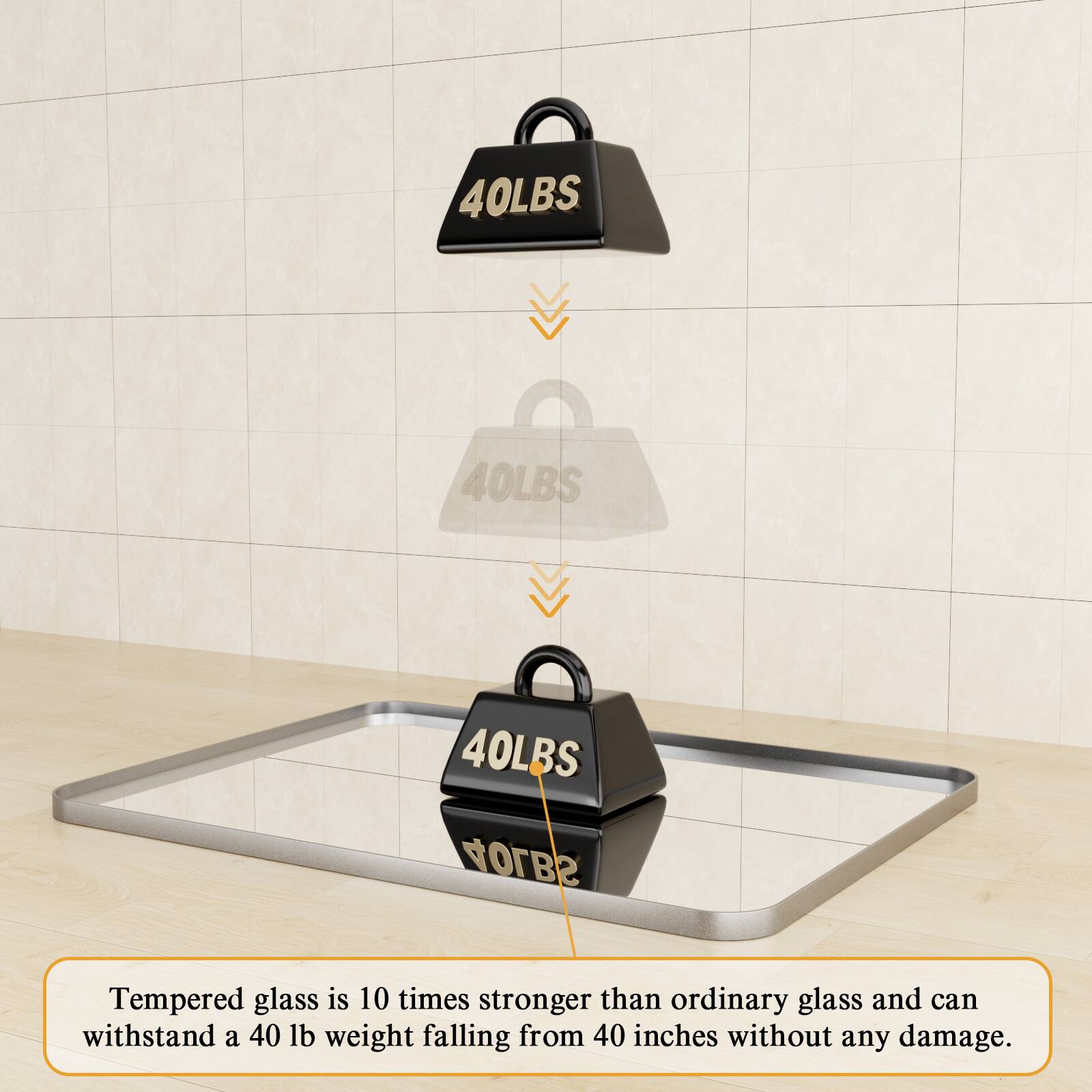 Tempered glass is 10 times stronger than ordinary glass and can withstand a 40 lb weight falling from 40 inches without any damage.