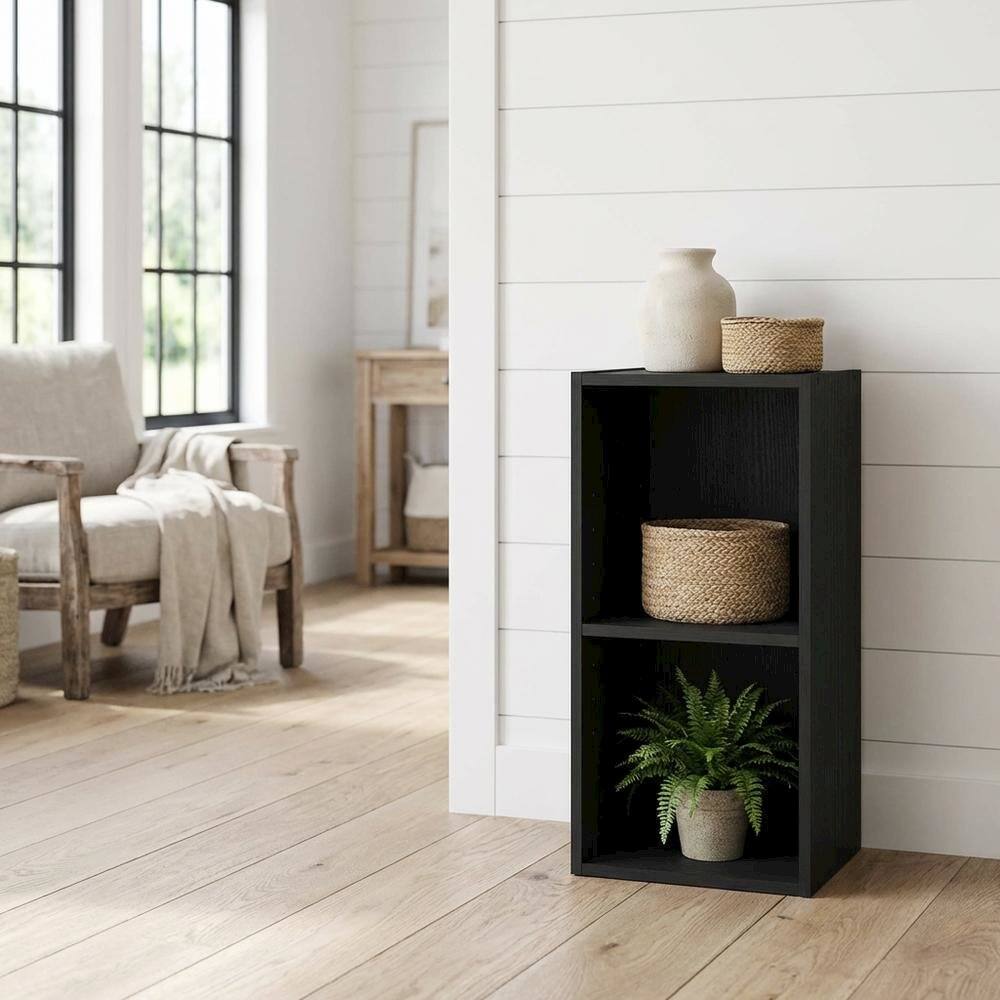 Angle. FurniFact - Black wooden bookcase with compact height and modern design - Blackwood.
