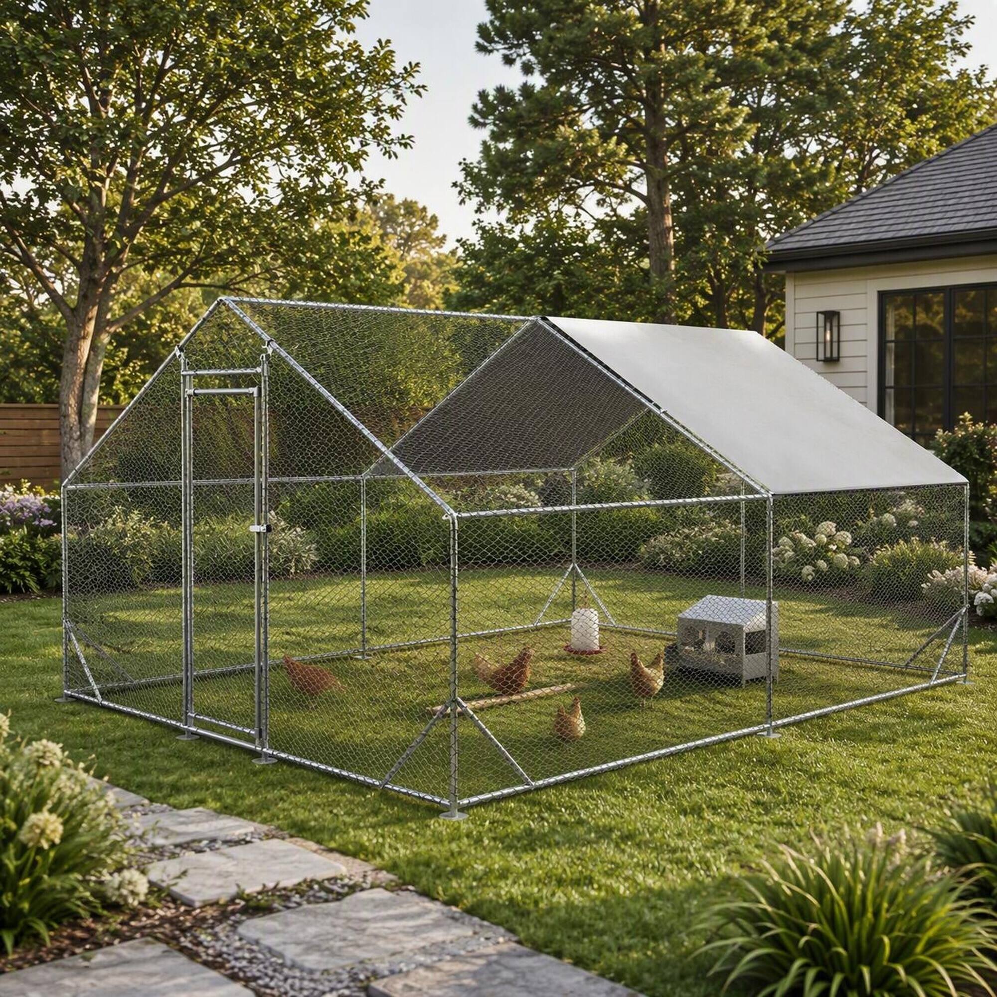 Angle. RYHNUYNE - Large Metal Chicken Coop, Galvanized Walk-in Poultry Cage with Anti-UV Cover, 10' x 13' x 6.56' Outdoor Run.