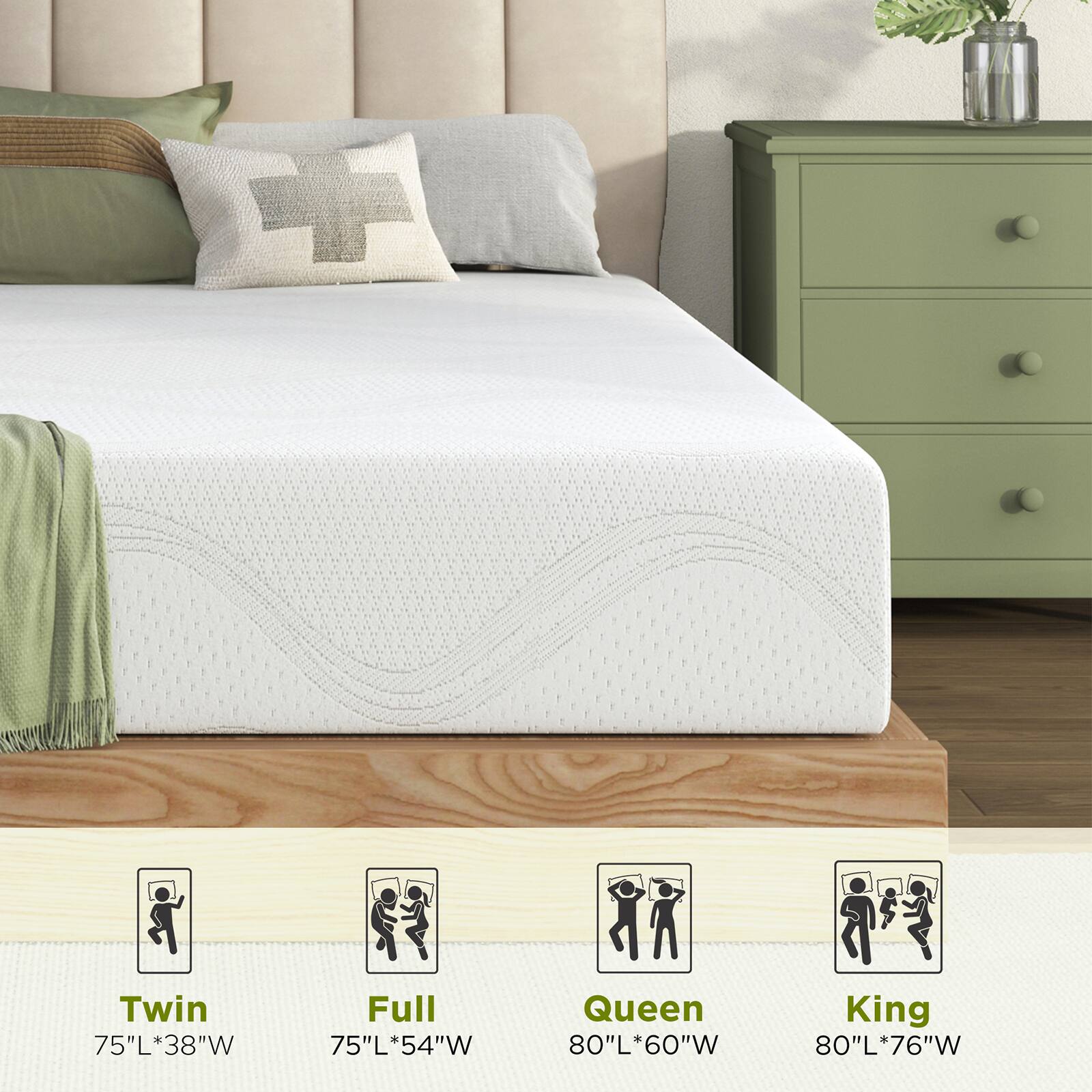 Twin 75"L*38"W  
Full 75"L*54"W  
Queen 80"L*60"W  
King 80"L*76"W