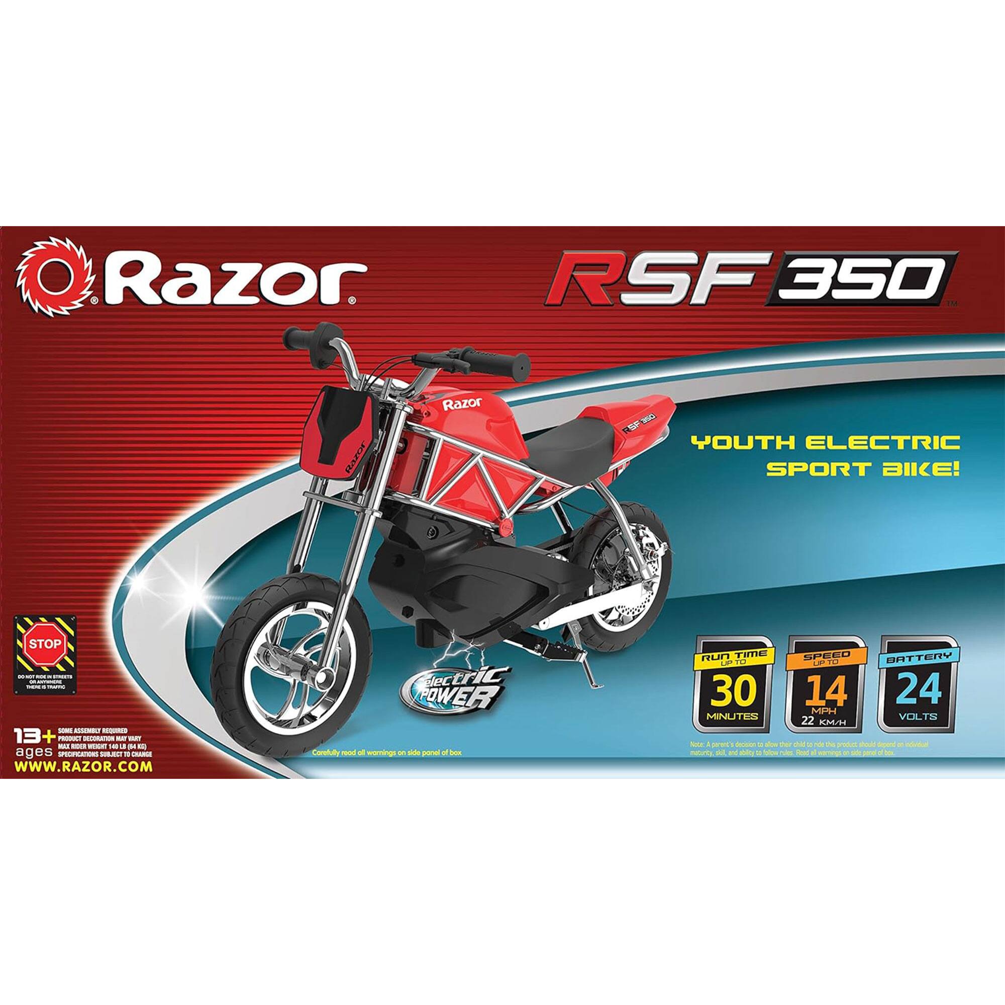 Razor RSF 350 1M Razor - SP YOUTH ELECTRIC SPORT BIKE! STOP - -. - : -  - 13 + - - - - - - -- - . - - ages ATS - - - WWW.RAZOR.COM sev tric OWER Condu - - woming - - - a - nur TIE SPECD BT BATTERY LF FO P L a 30 14 24 M MINUTES VOLTE 22 RSU - wWE - - - - Ou . A d pda  -oed . - - - an - e - -
