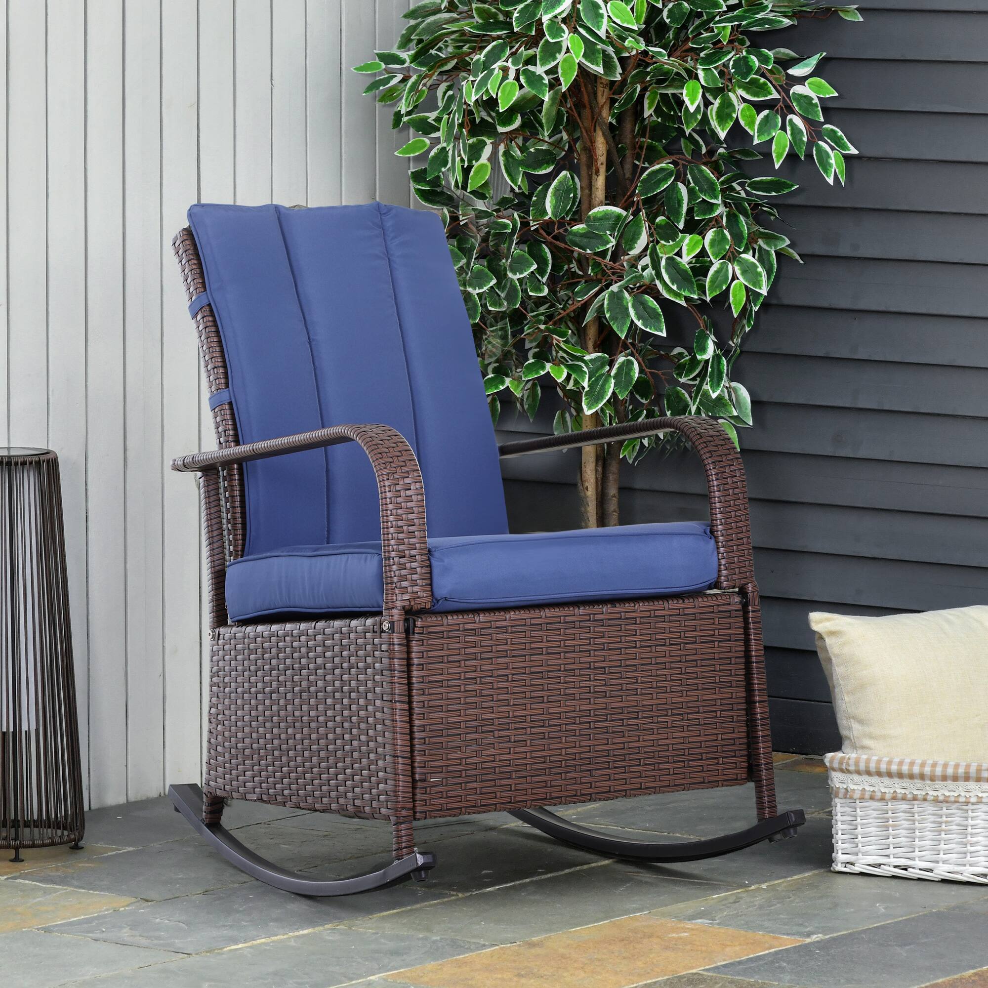 Alt View 1. Outsunny - Wicker Outdoor Rocking Chair, Patio Recliner with Adjustment Backrest, PE Rattan Lounge Chair - Mixed Brown/Dark Blue.