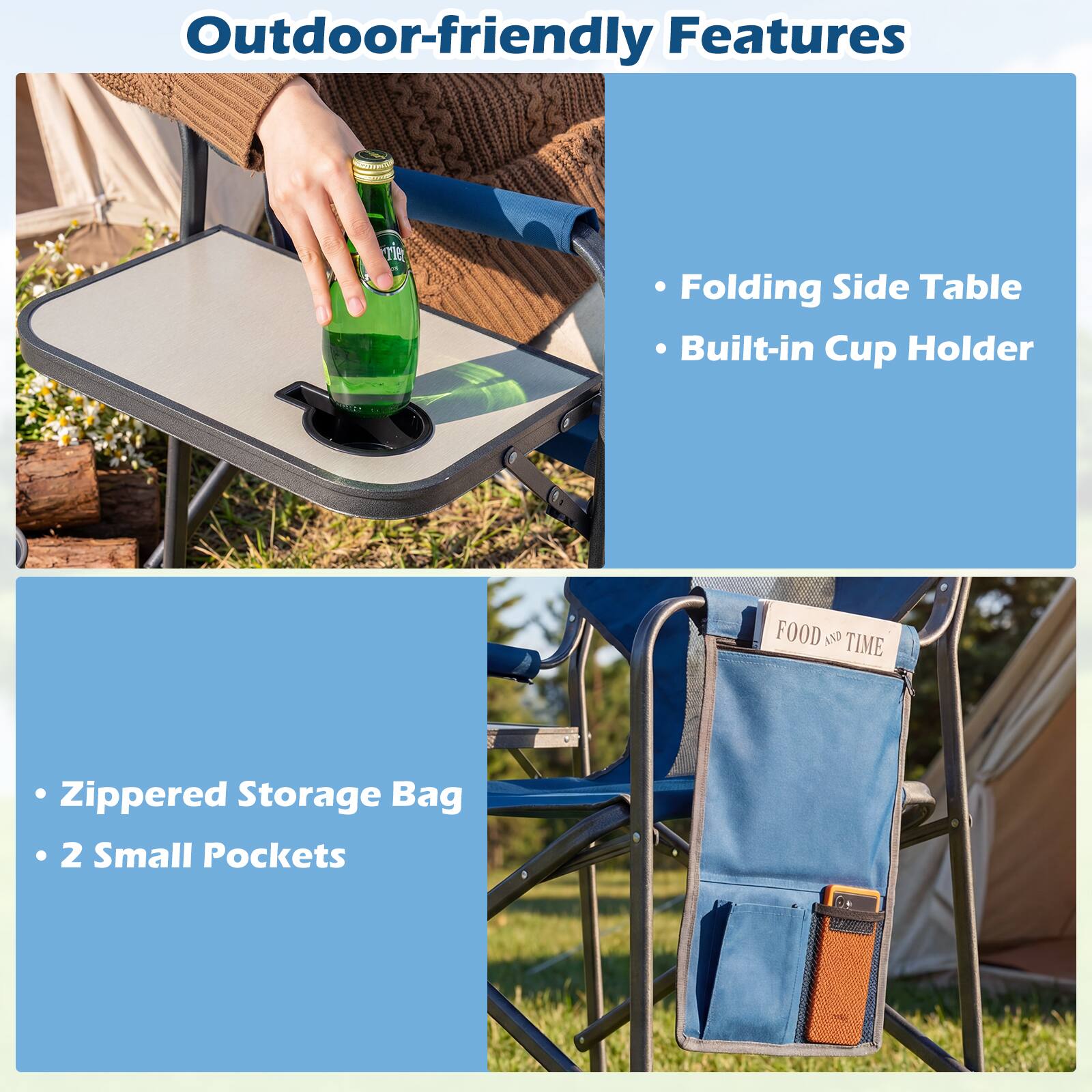 Outdoor-friendly Features

- Folding Side Table
- Built-in Cup Holder

- Zippered Storage Bag
- 2 Small Pockets