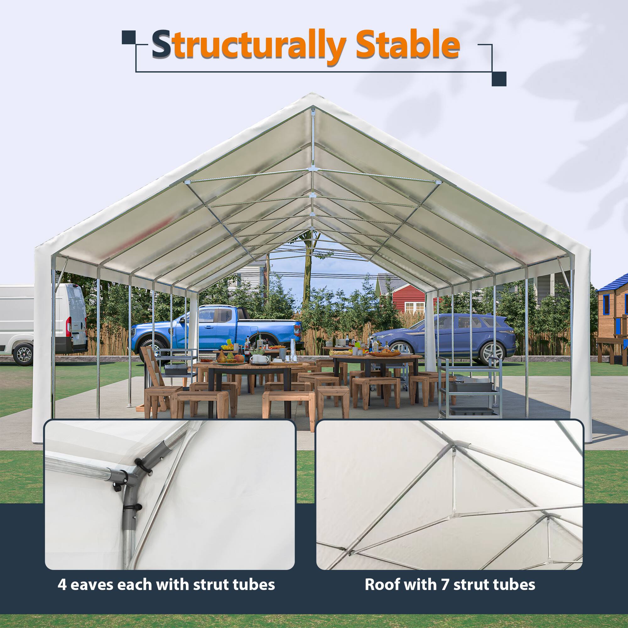 Structurally Stable

4 eaves each with strut tubes

Roof with 7 strut tubes