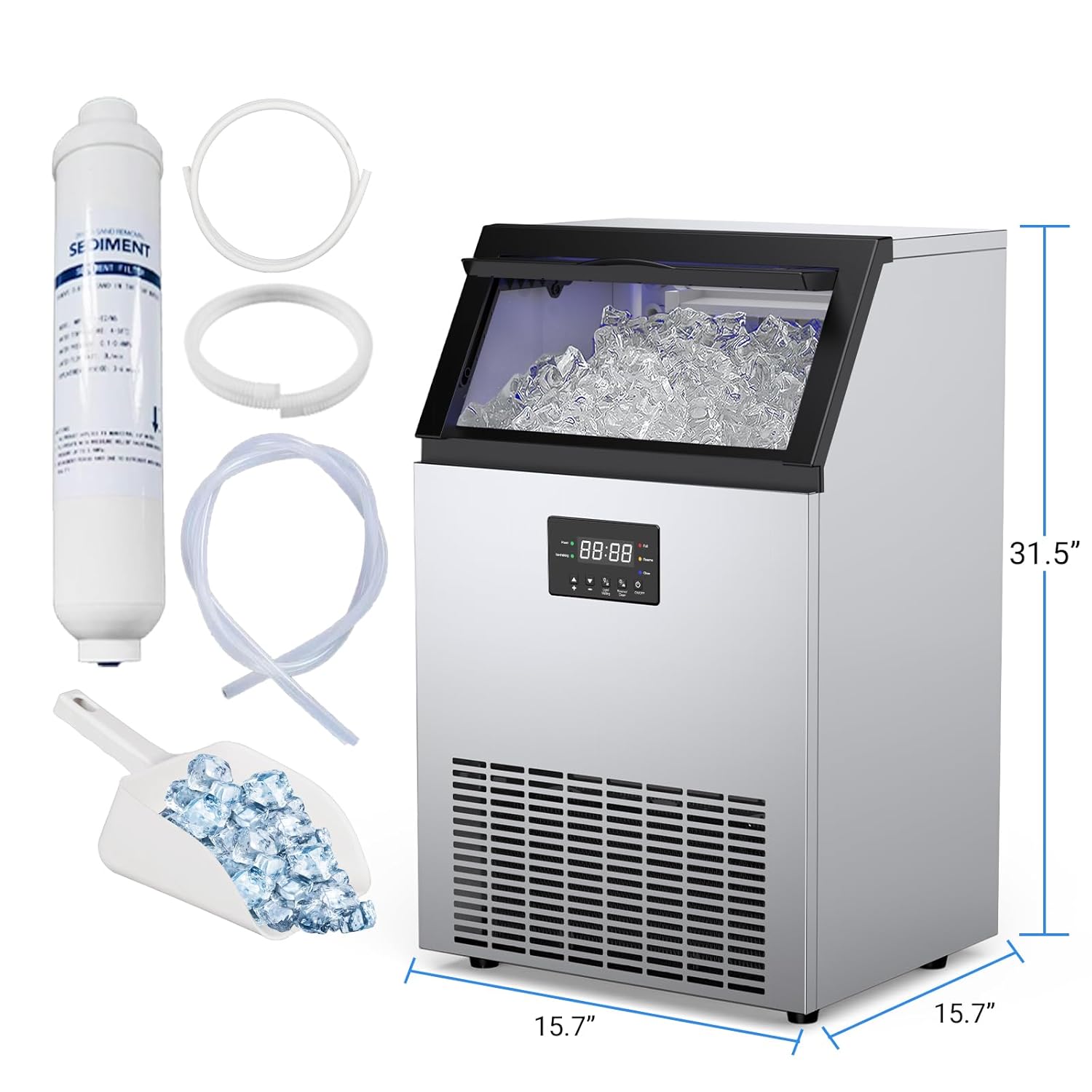 Sure, here is the corrected and grouped text from the image:

- **SEDI-MENT**
  - **MINT FILTER**

- **Dimensions:**
  - 31.5" (height)
  - 15.7" (width)
  - 15.7" (depth)

- **Other Text:**
  - 88:88
  - 150
  - 5 e a