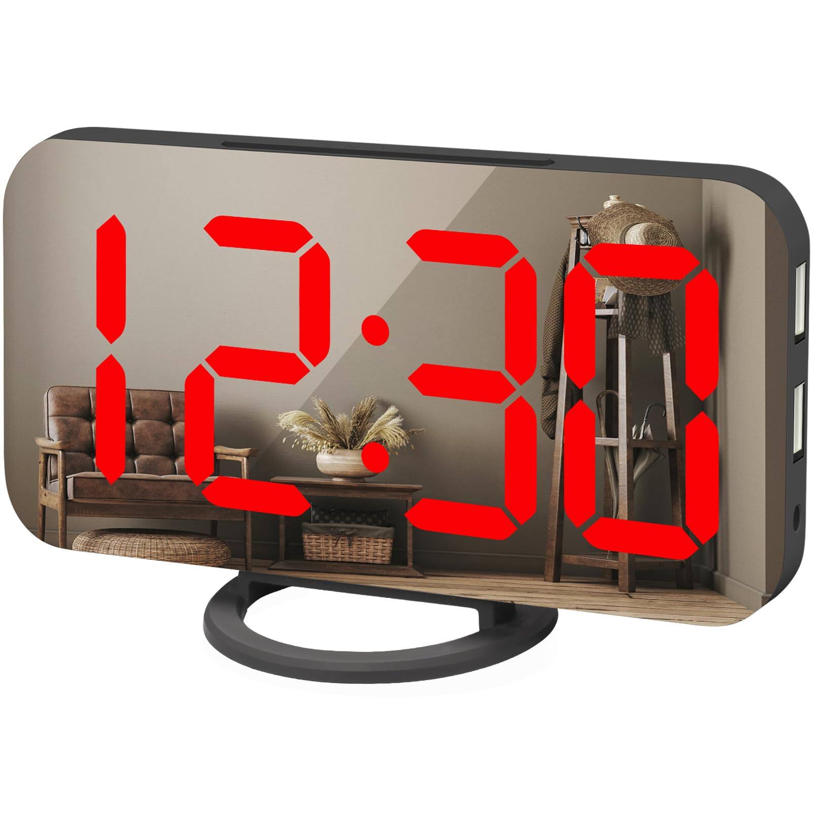 Cedar Assembly - Digital Alarm Clock Mirrored Led Display With Usb Snooze Function Dim Mode Wall Hanging Beside Desk For B - Black/Red