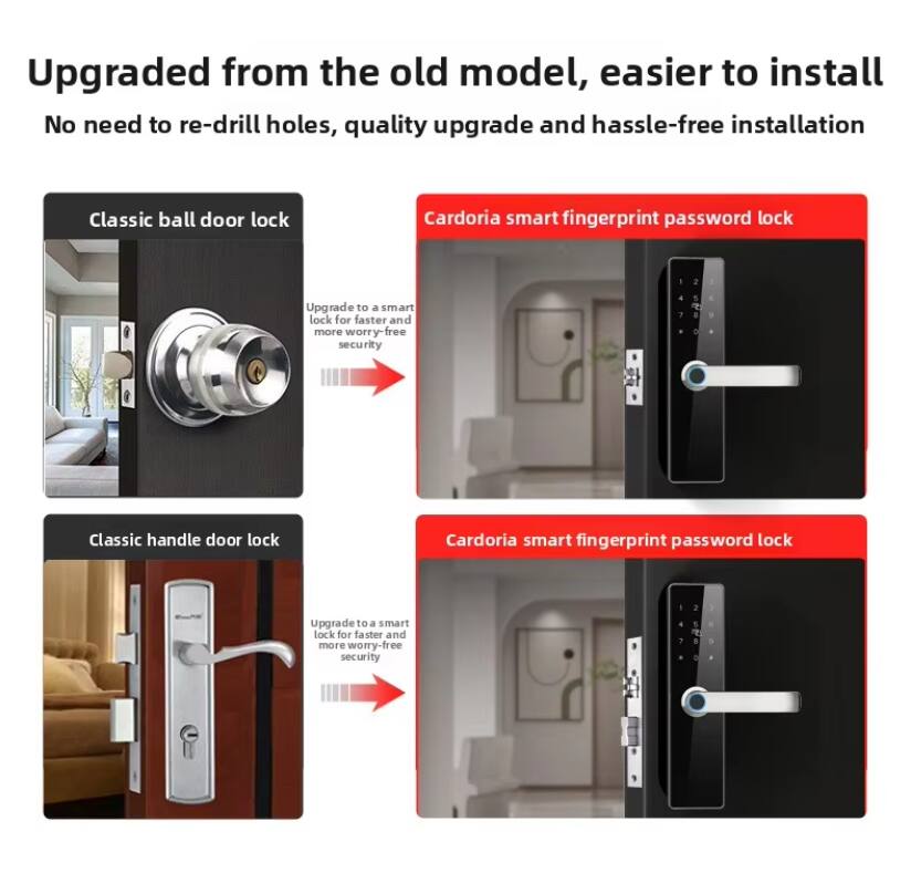 Upgraded from the old model, easier to install. No need to re-drill holes, quality upgrade and hassle-free installation. Classic ball door lock. Cardoria smart fingerprint password lock. Upgrade to a smart lock for faster and more worry-free security. Classic handle door lock. Cardoria smart fingerprint password lock. Upgrade to a smart lock for faster and more worry-free security.