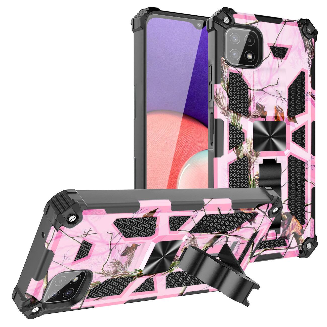 Front. Reiko - Built-In Kickstand Tpu Case With Magnetic Mount For Samsung Galaxy A22 5G In Tree Leaf Patterns - Multicolor.