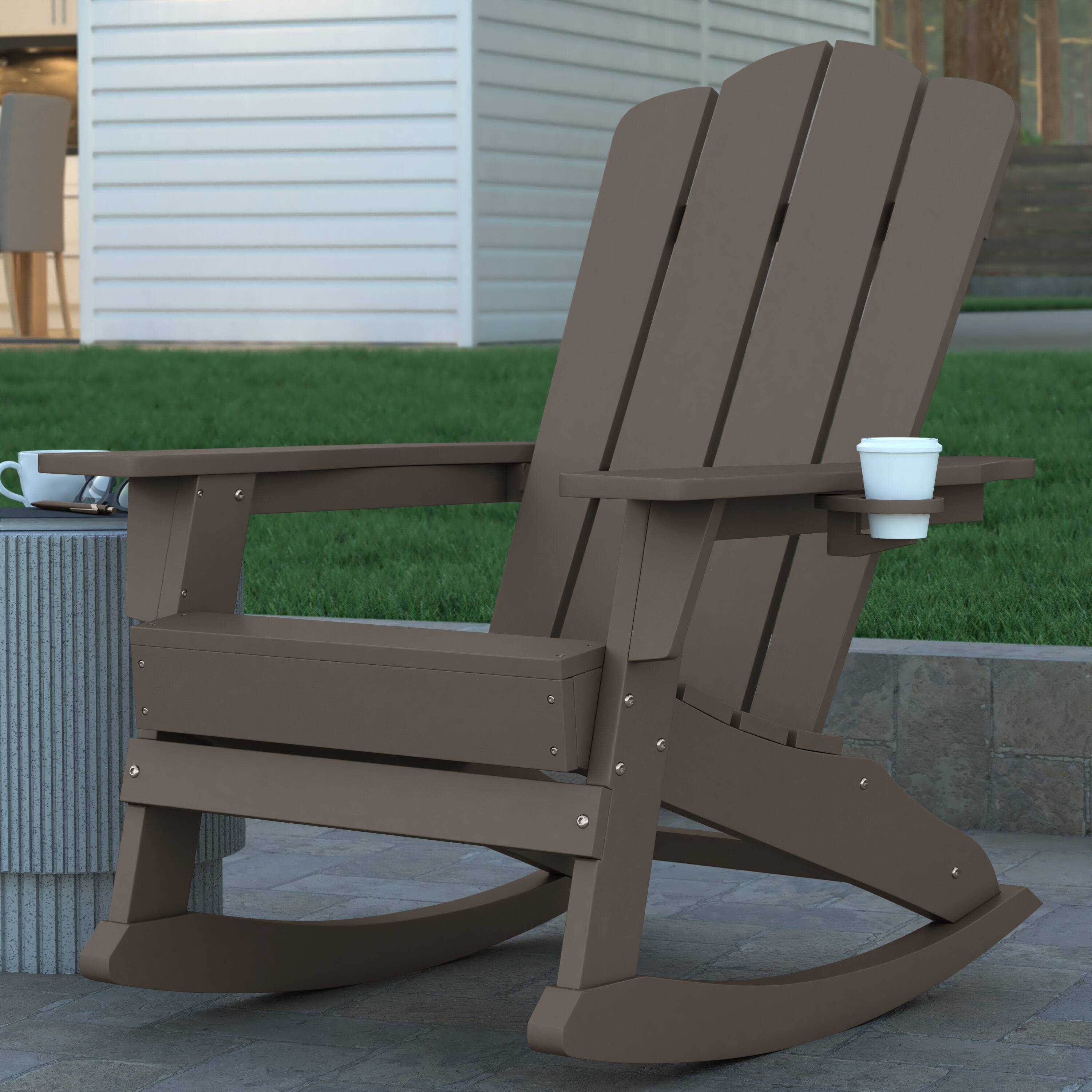 Alt View 5. Emma + Oliver - Tiverton Set of 2 Adirondack Rocking Chairs with Cup Holders, Weather Resistant HDPE Adirondack Rocking Chairs - Brown.