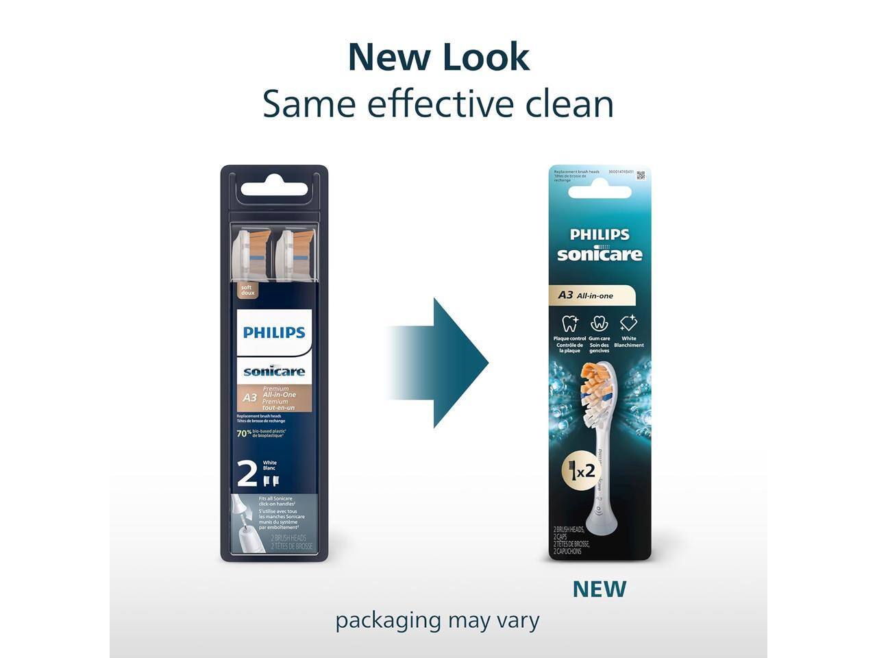 New Look  
Same effective clean  

PHILIPS sonicare  
Premium All-in-One 3  
A3 All-in-One  
2x2 BRUSHHEADS  
White  
Gum care  
Genitives  

PHILIPS sonicare  
A3 All-in-One  
1x2 BRUSHHEADS  
White  
Blanchiment  

packaging may vary  

NEW