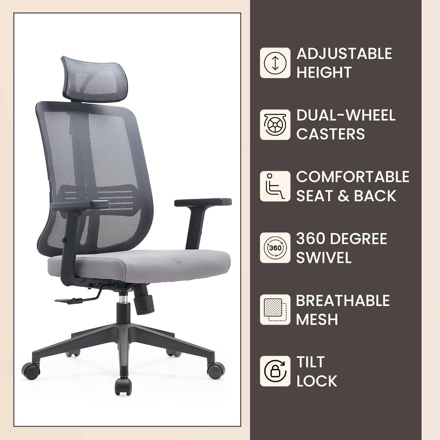 - Adjustable Height
- Dual-Wheel Casters
- Comfortable Seat & Back
- 360 Degree Swivel
- Breathable Mesh
- Tilt Lock