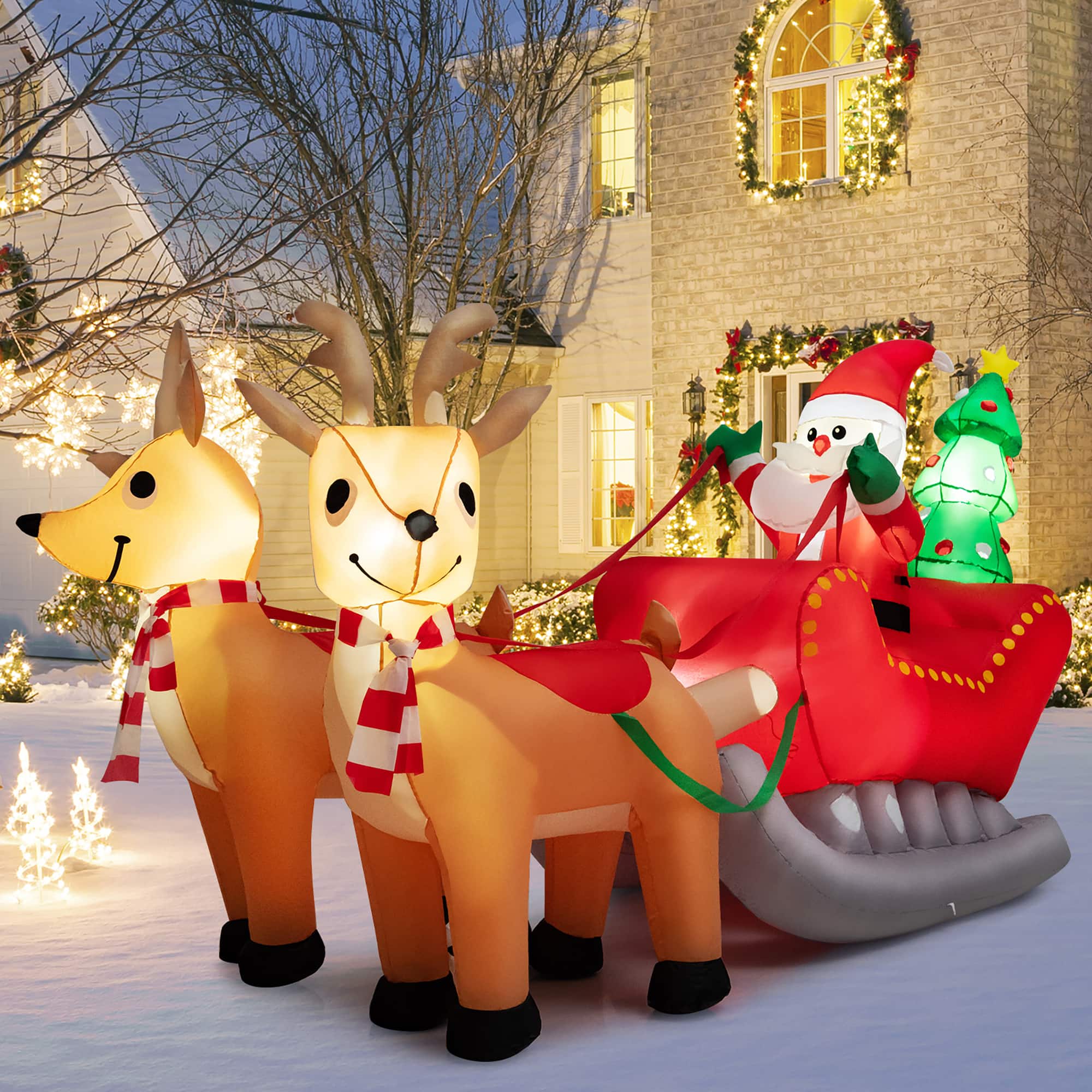 Front. Costway - 7.2 FT Inflatable Santa Claus Sleigh and Reindeer w/ LED Lights & Christmas Tree - Multicolor.