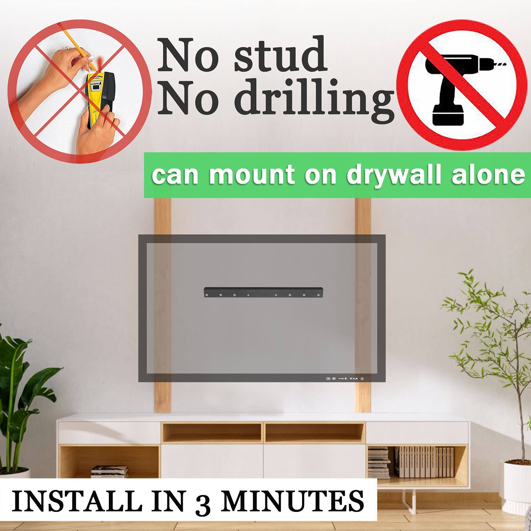 No stud  
No drilling  
can mount on drywall alone  
INSTALL IN 3 MINUTES