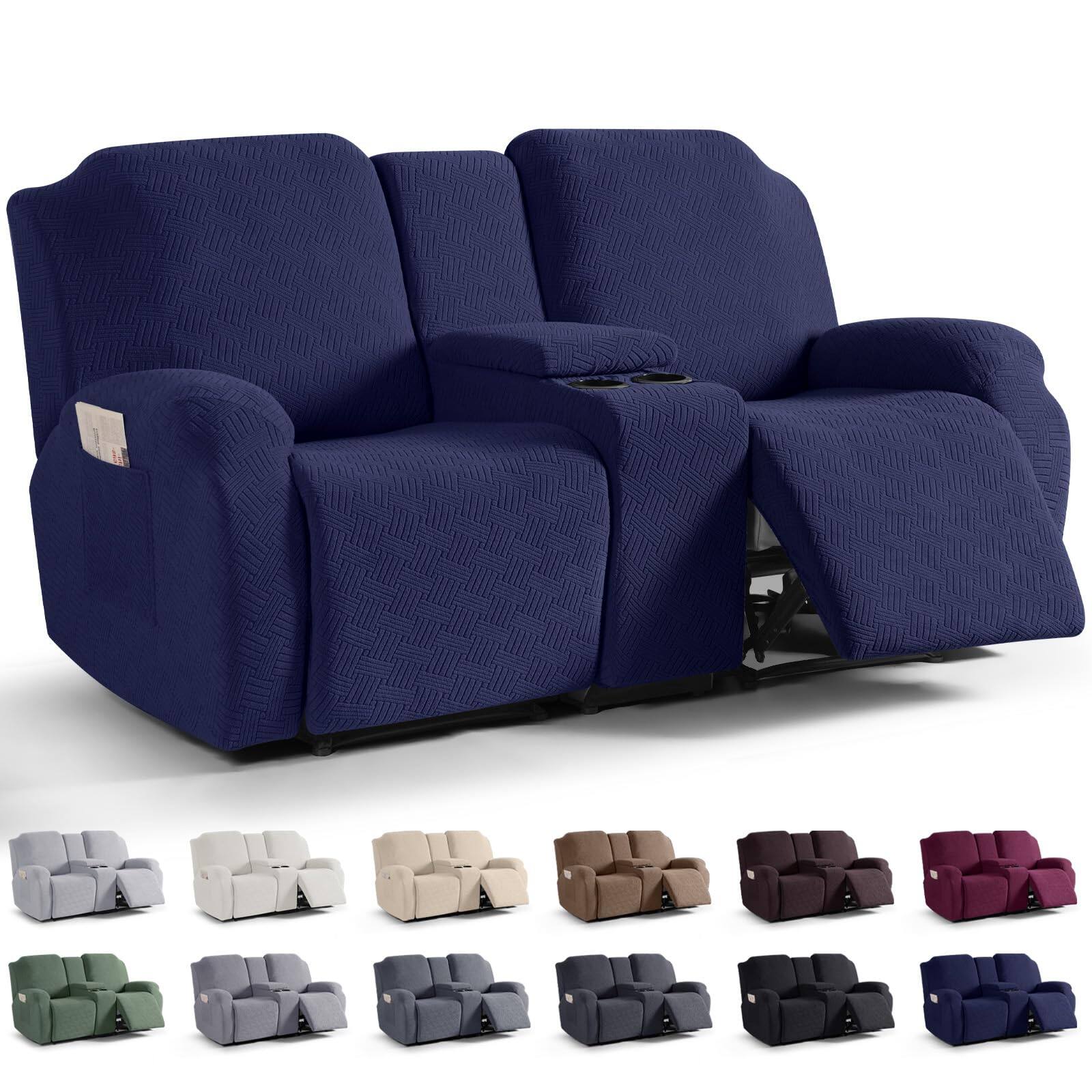 Fabibe - Loveseat Recliner Covers with Middle Console Slipcover, Reclining Design, Jacquard, Washable, Stretch Design - Dark Blue 2 Seater with Console