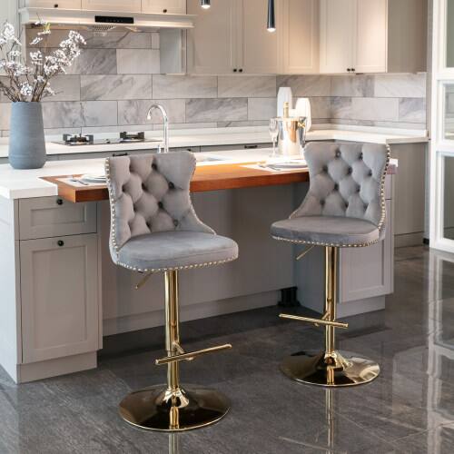 Alt View 5. LUCKY ONE - Assembled Adjustable Height Swivel Bar Stool Set of 2 Velvet Tufted with Golden Metal Base - Gray.