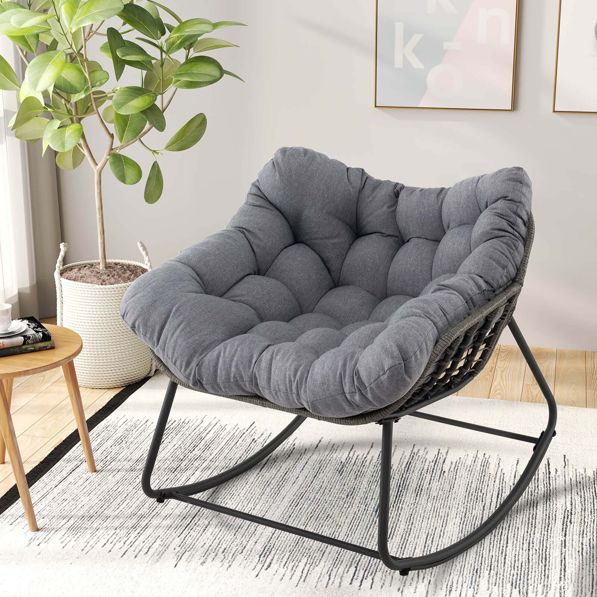 Alt View 1. Costway - 2 PCS Outdoor Rocking Chair Oversized Patio PE Wicker Egg Chair Rattan Lounge Chair - Gray + Mix Gray.