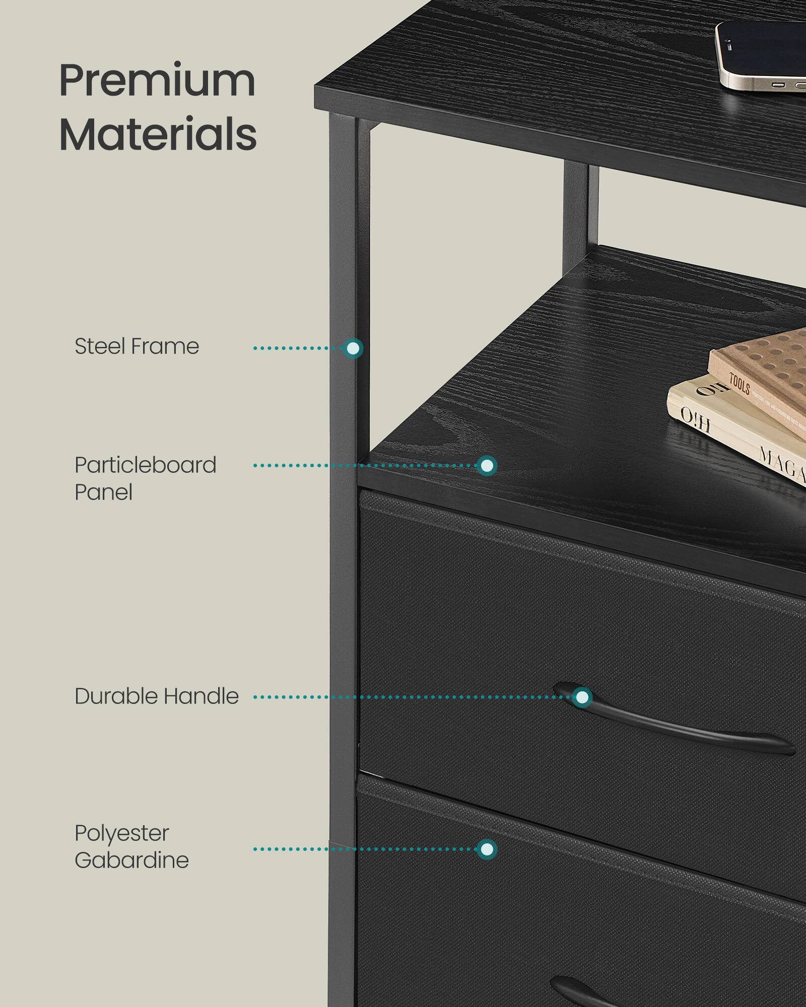 Premium Materials  
Steel Frame  
Particleboard Panel  
Durable Handle  
Polyester Gabardine