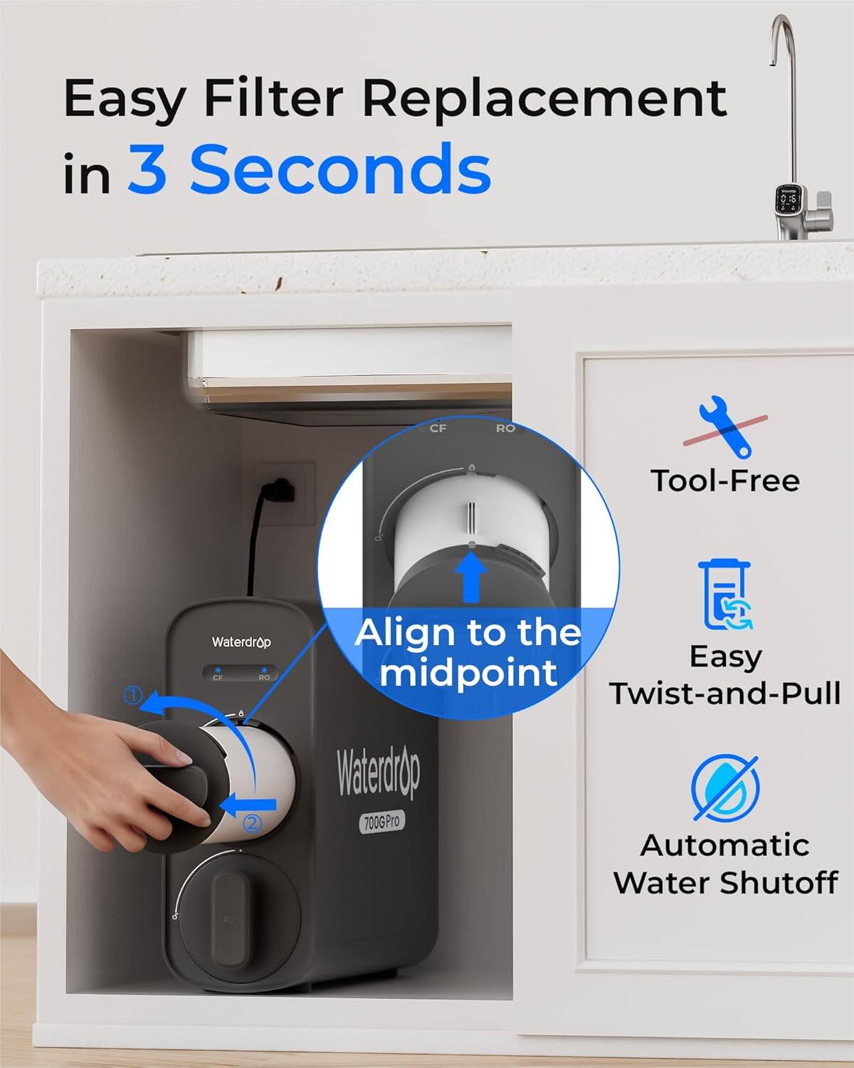 Easy Filter Replacement in 3 Seconds

CF RO

Tool-Free

Align to the midpoint

Easy Twist-and-Pull

Automatic Water Shutoff