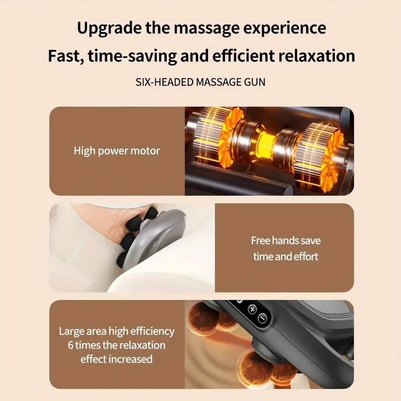 Upgrade the massage experience  
Fast, time-saving and efficient relaxation  

SIX-HEADED MASSAGE GUN  

- High power motor  
- Free hands save time and effort  
- Large area high efficiency  
- 6 times the relaxation effect increased