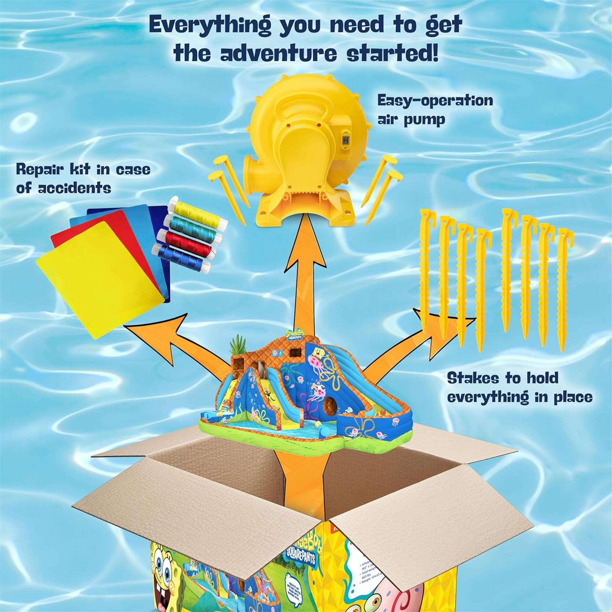 Everything you need to get the adventure started! Repair kit in case of accidents Easy-operation air pump Stakes to hold everything in place