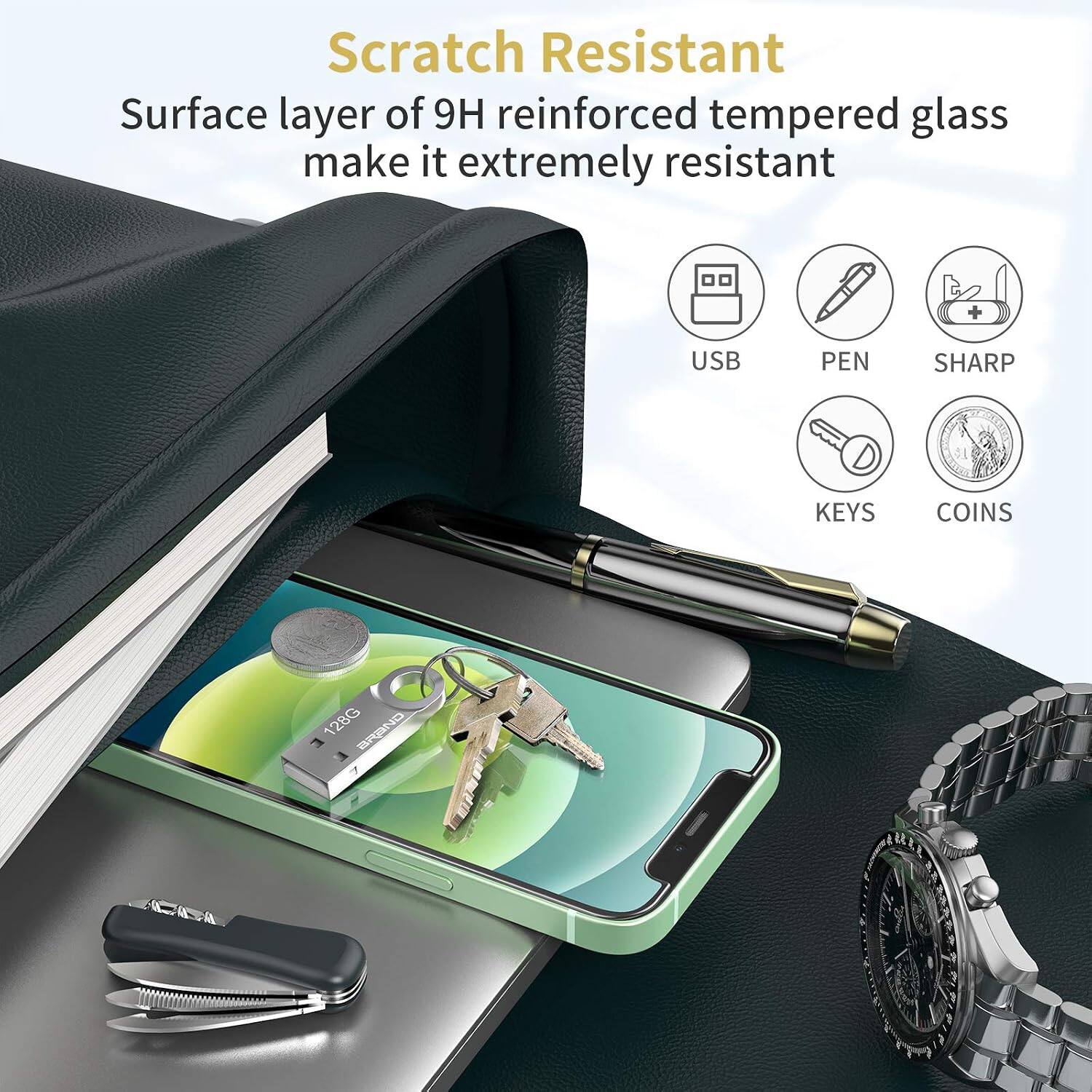 Scratch Resistant  
Surface layer of 9H reinforced tempered glass make it extremely resistant  

USB  
PEN  
SHARP  
KEYS  
COINS  
128G BRAND