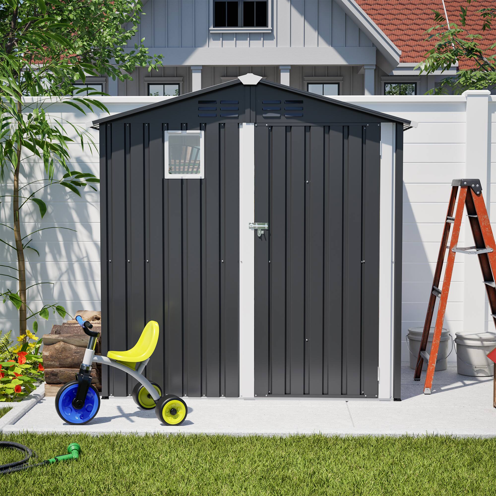 Alt View 4. Loheer - Loheer 6x4 Metal Storage Shed Waterproof Outdoor Tool Shed Heavy Duty Steel Garden Utility House.