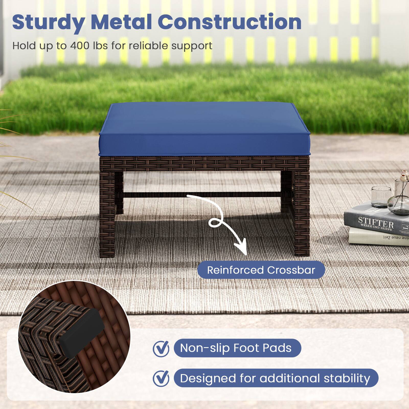 Sturdy Metal Construction  
Hold up to 400 lbs for reliable support  

Reinforced Crossbar  

Non-slip Foot Pads  
Designed for additional stability