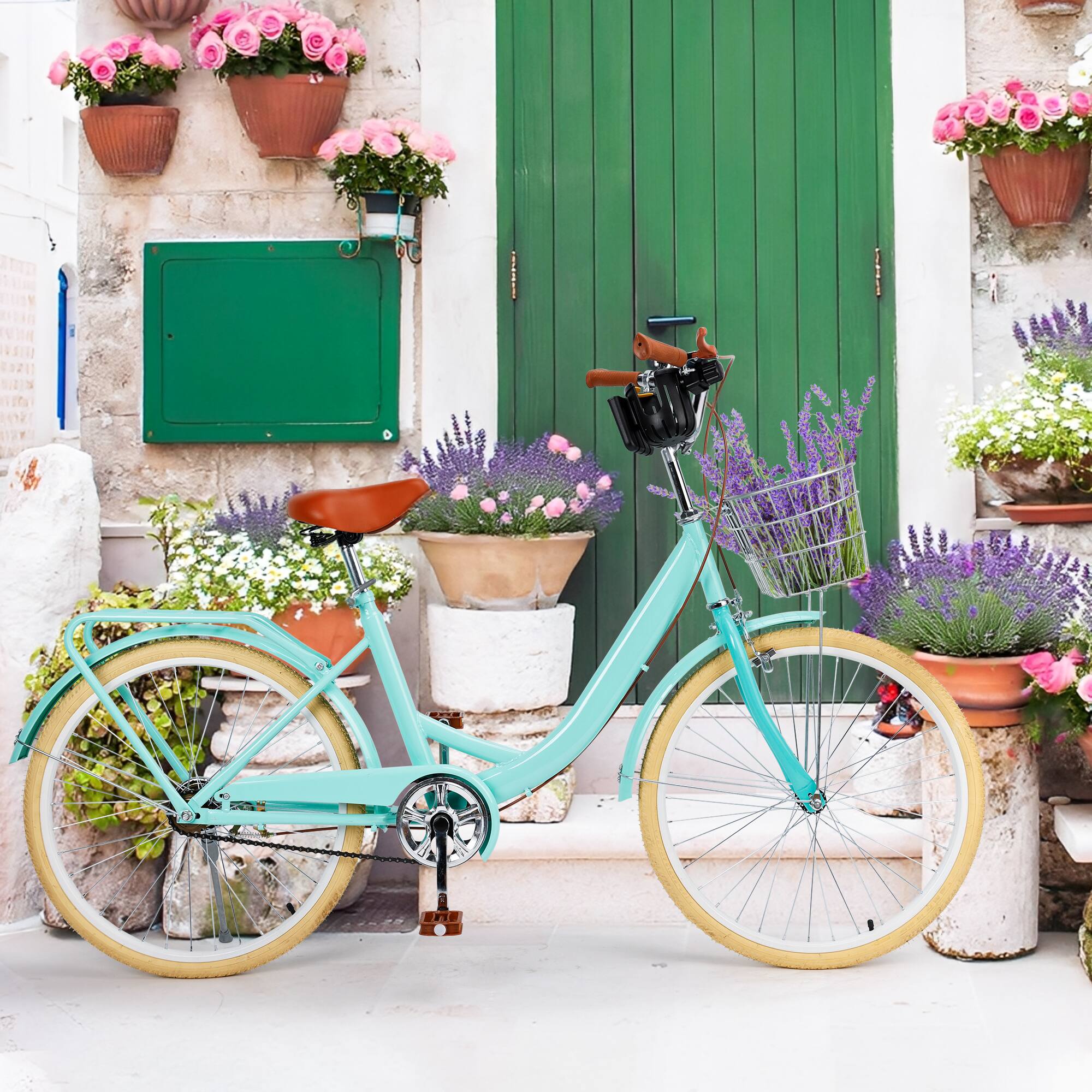 Alt View 7. Topteng - 24 Inch City Cruiser Bike For Adult with Front Basket & Rear Rack High Carbon Steel Frame, Dual Brakes Bicycle - Yellow.