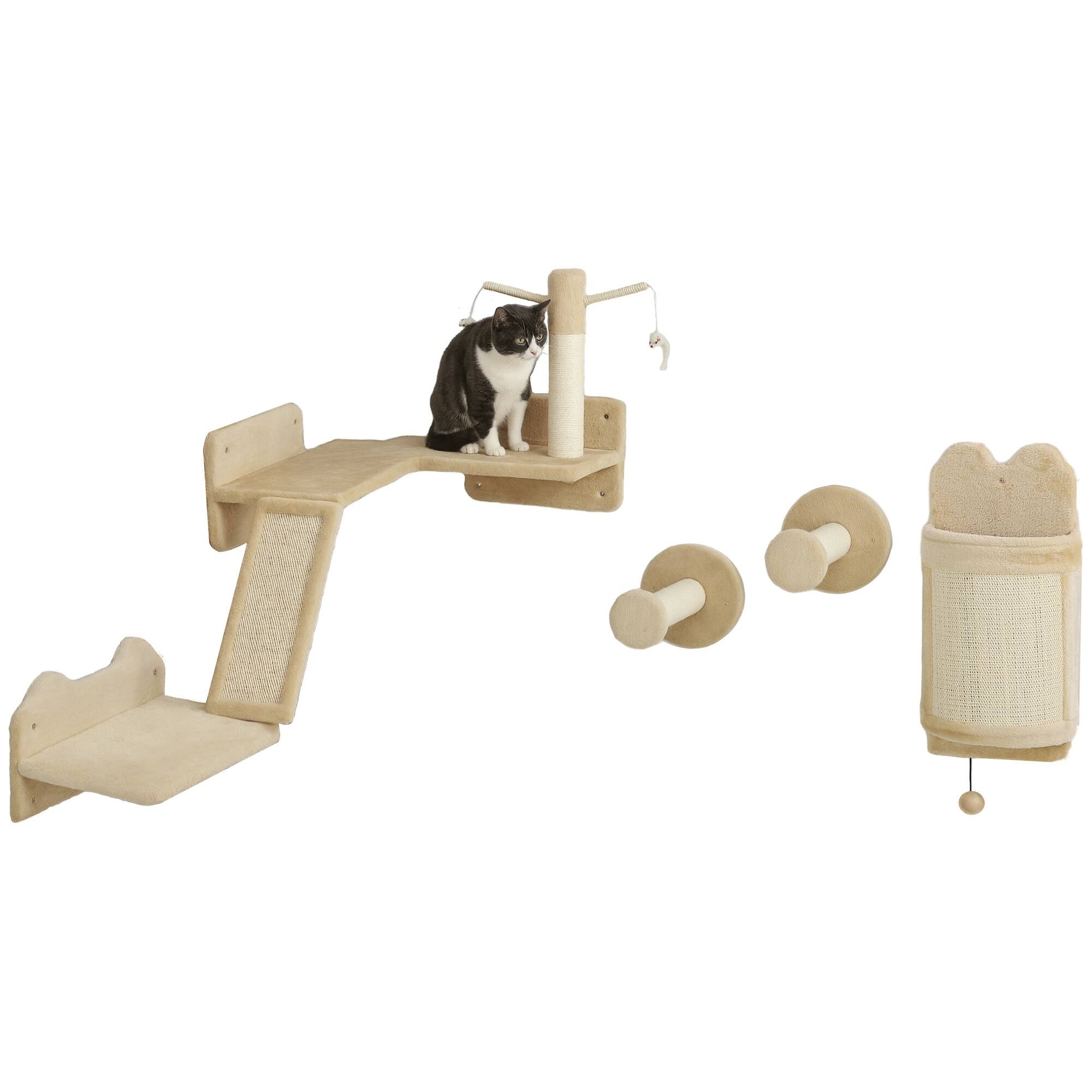 Front. Pawhut - 4PCs Corner Cat Wall Shelves, Cat Wall Furniture with Scratching Post, Board, Perches, Wands, Toy Ball, Indoor - Beige.