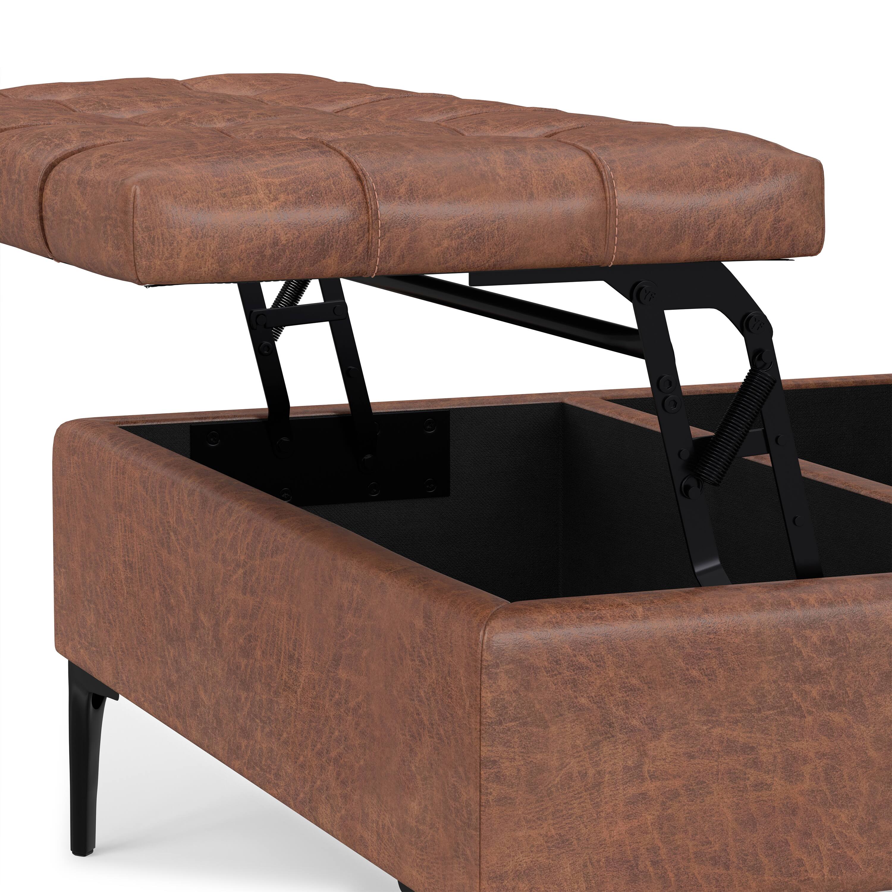 Alt View 9. Simpli Home - Laura 36 inch Wide Mid Century Square Lift Top Storage Ottoman in Distressed Saddle Brown  Vegan Faux Leather, Assembled - Distressed Saddle Brown.