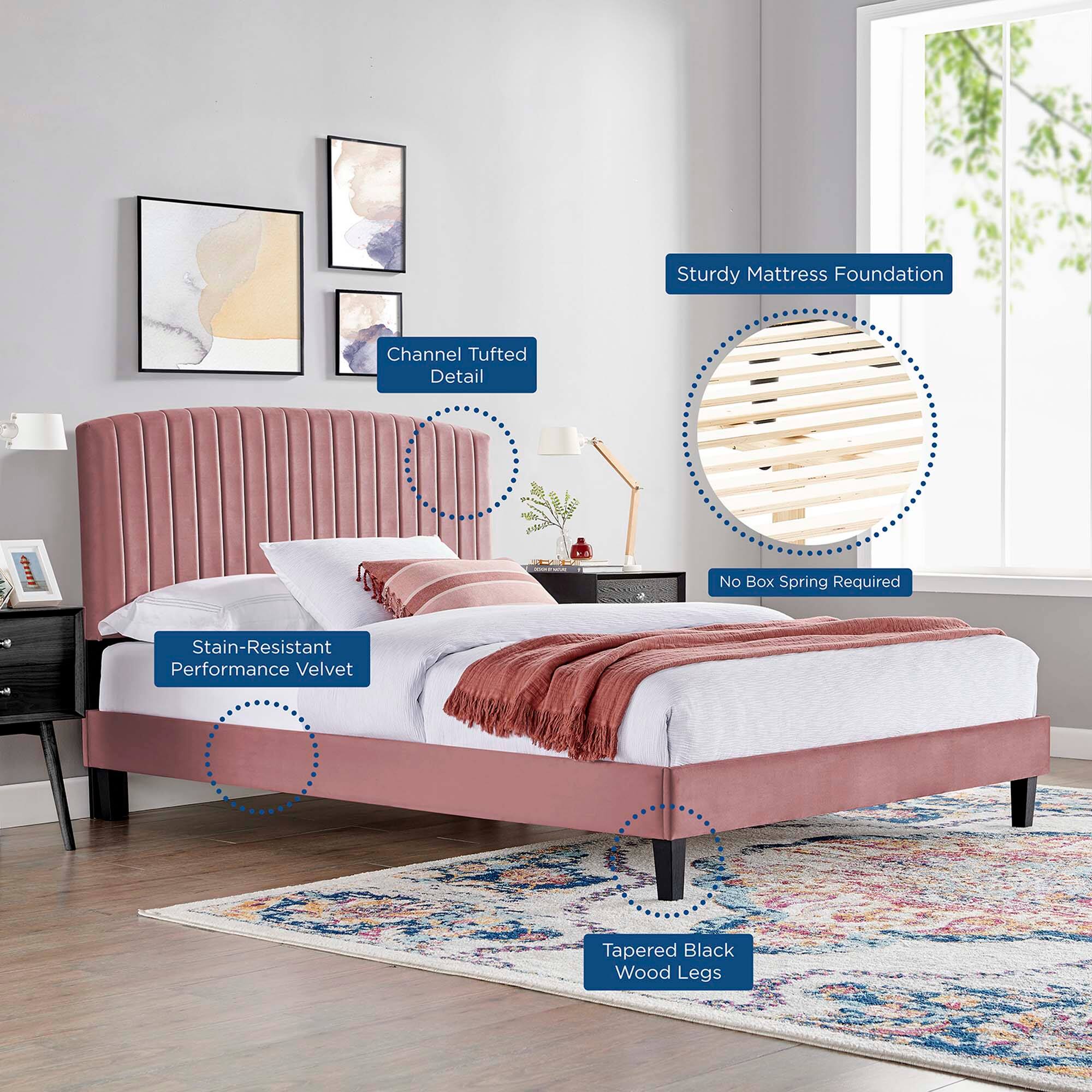 Sturdy Mattress Foundation  
Channel Tufted Detail  
Stain-Resistant Performance Velvet  
No Box Spring Required  
Tapered Black Wood Legs