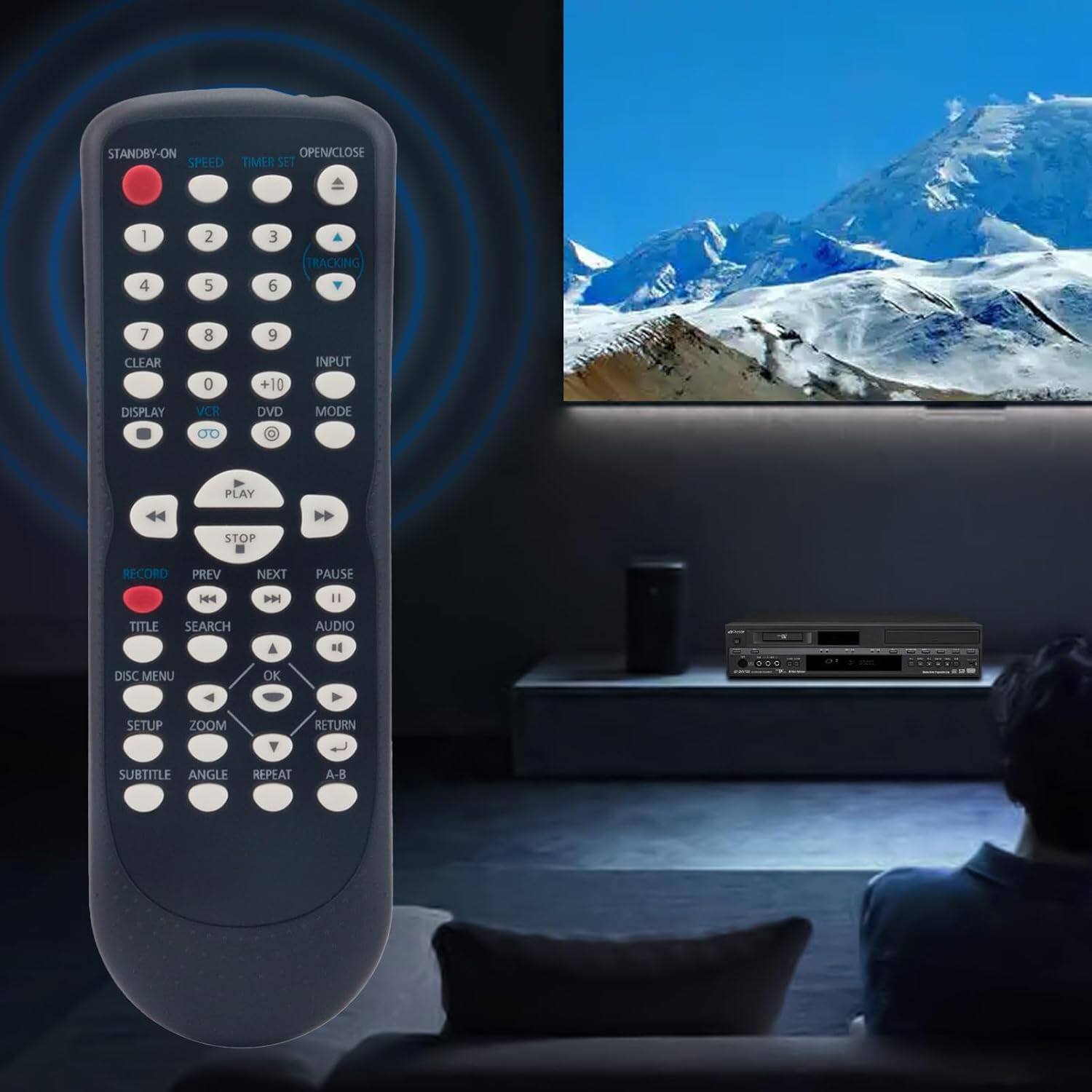 STANDBY-ON  
SPEED TIMER SET  
OPEN/CLOSE  
1 2 3 4 5 6  
TRACKING  
7 8 9 CLEAR 0 +10  
INPUT DISPLAY VCR DVD MODE  
PLAY STOP RECORD PREV NEXT PAUSE  
TITLE SEARCH DISC MENU A OK AUDIO  
SETUP ZOOM Y RETURN SUBTITLE ANGLE REPEAT A-8
