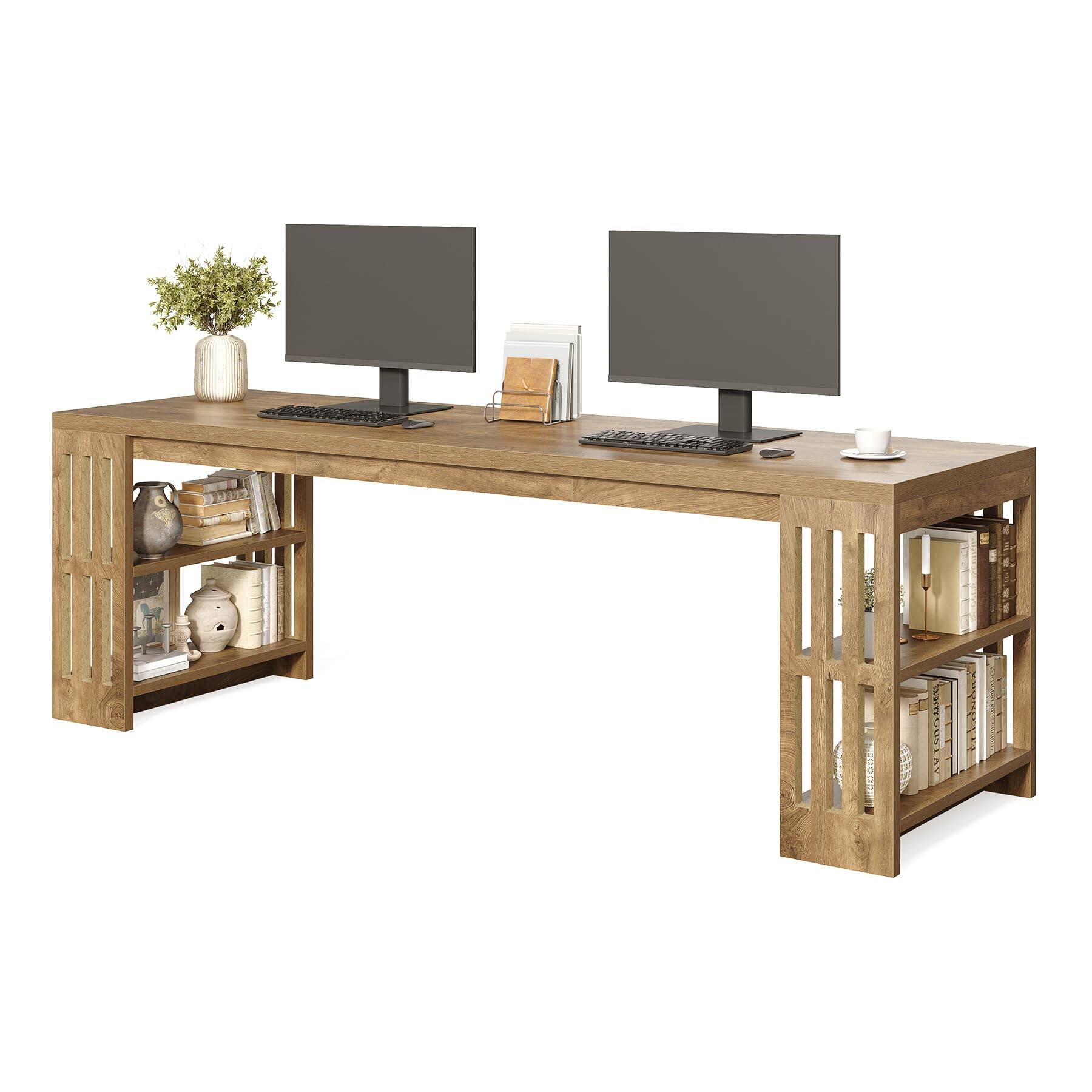 Front. Tribesigns - 78.7-Inch Two-Person Computer Desk with Storage Shelves for Home Office Work, Study or Computer Tasks - Natural.