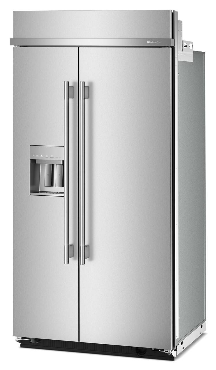 Left. KitchenAid - 25.1 Cu. Ft. Built-In Side-by-Side Refrigerator with Exterior Water and Ice Dispenser - Stainless Steel with PrintShield Finish.