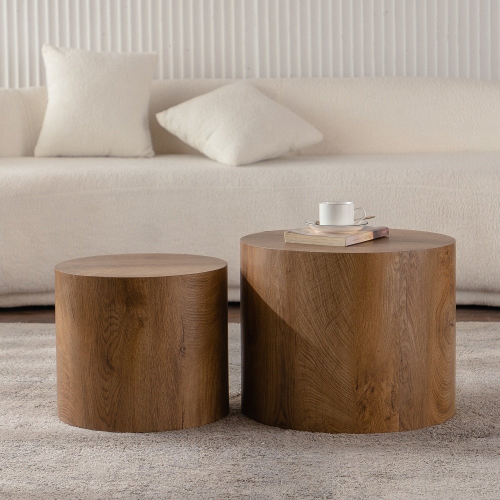 Loheer - Nesting Coffee Table Set of 2 Round Wooden Modern Circle Table for Small Space Living Room Bedroom Accent End Side Table - Brown