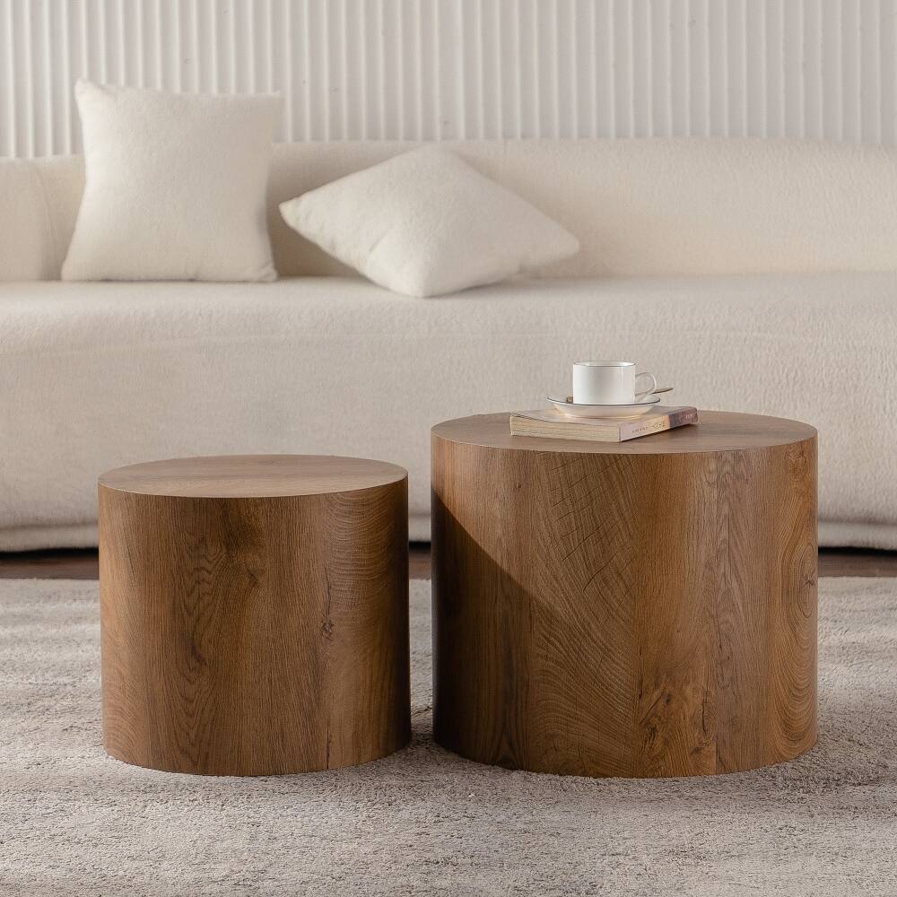 Front. Loheer - Nesting Coffee Table Set of 2 Round Wooden Modern Circle Table for Small Space Living Room Bedroom Accent End Side Table - Brown.