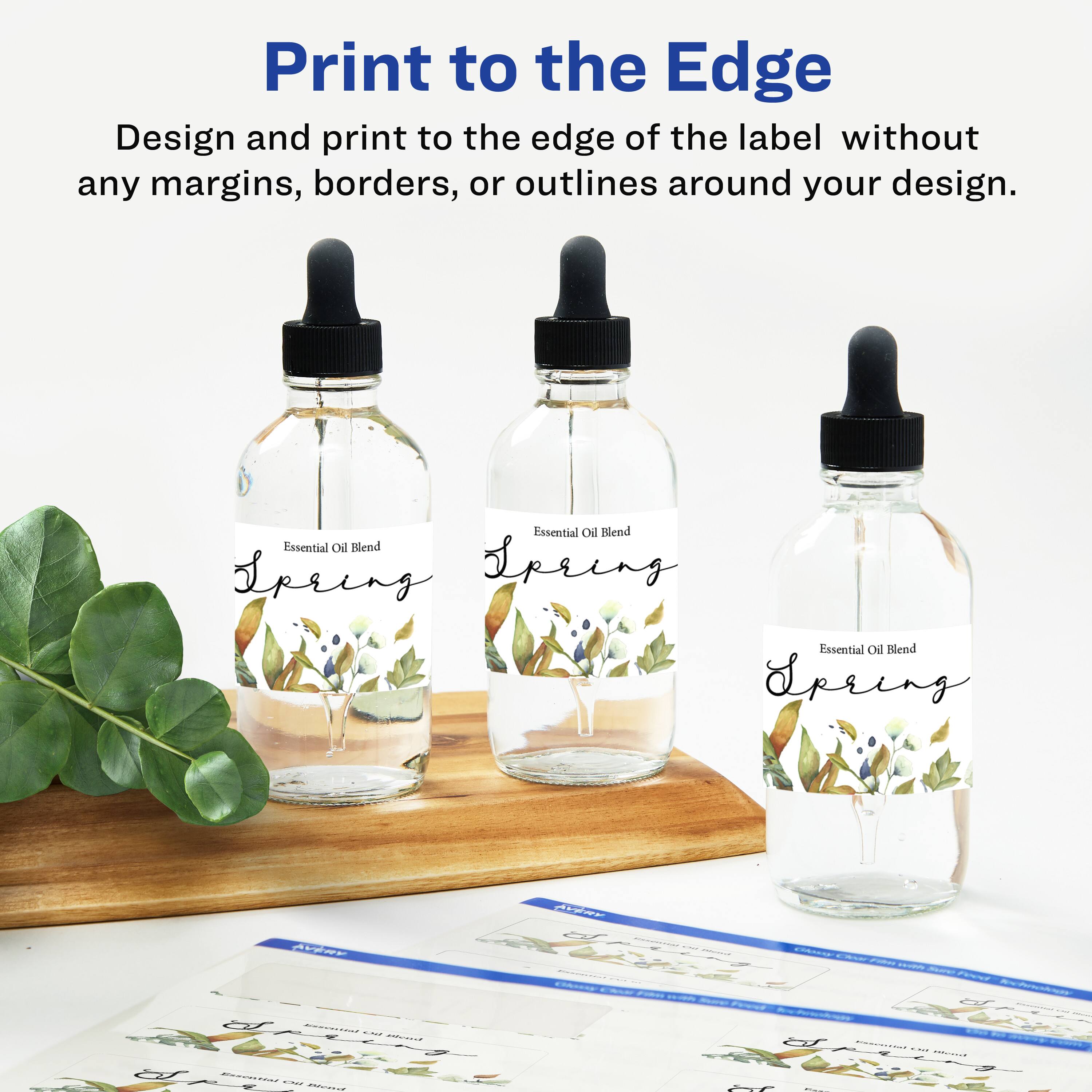 Print to the Edge

Design and print to the edge of the label without any margins, borders, or outlines around your design.

Essential Oil Blend  
Spring