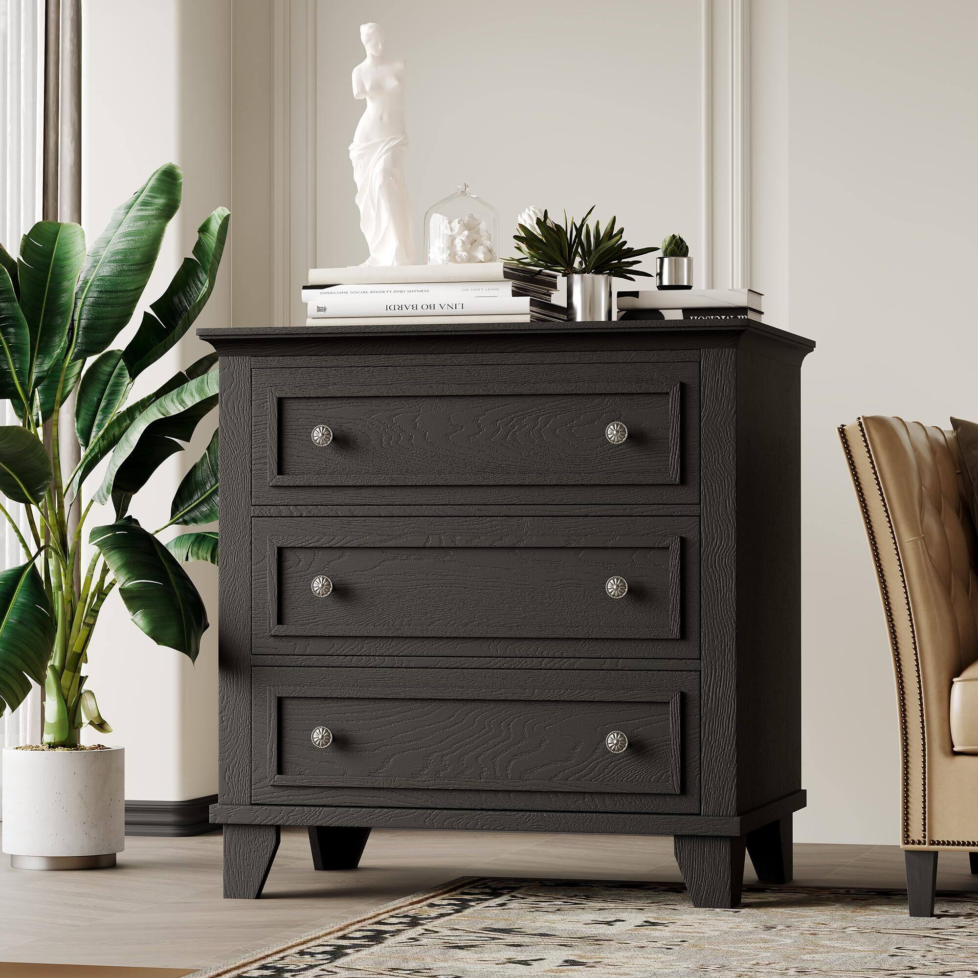 Alt View 2. Acekool - 3 Drawer Dresser for Bedroom, Wide Chest of Drawers with Vintage Handle - Black.