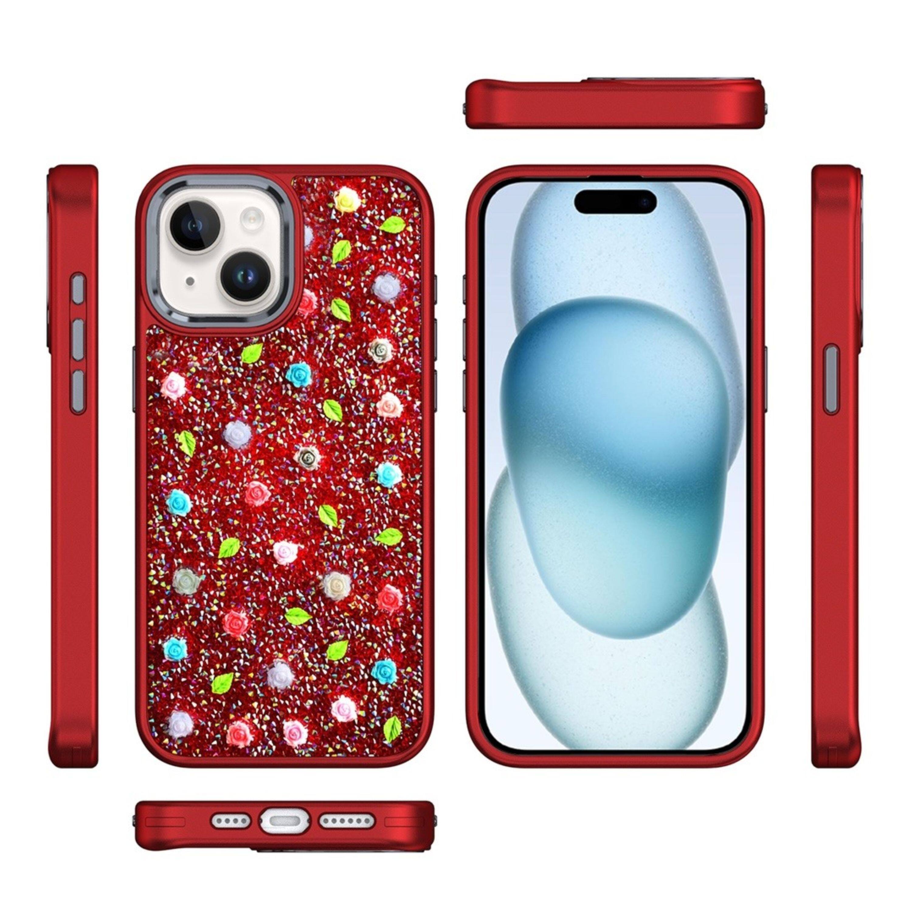 Left. Kitcheniva - Tiny Roses Glitter Design Phone Case With 2 Pcs Tempered Glass For iPhone 15 Red - Red.