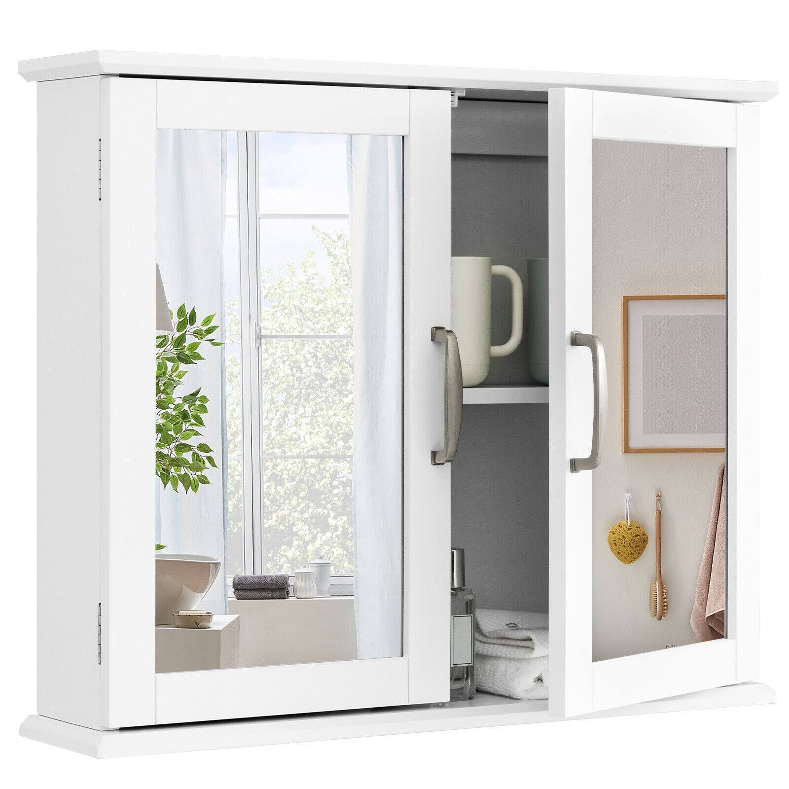 Front. Gymax - Gymax Bathroom Medicine Cabinet 2-Tier Wall-Mounted Mirror Storage Cabinet W/Handles - White.