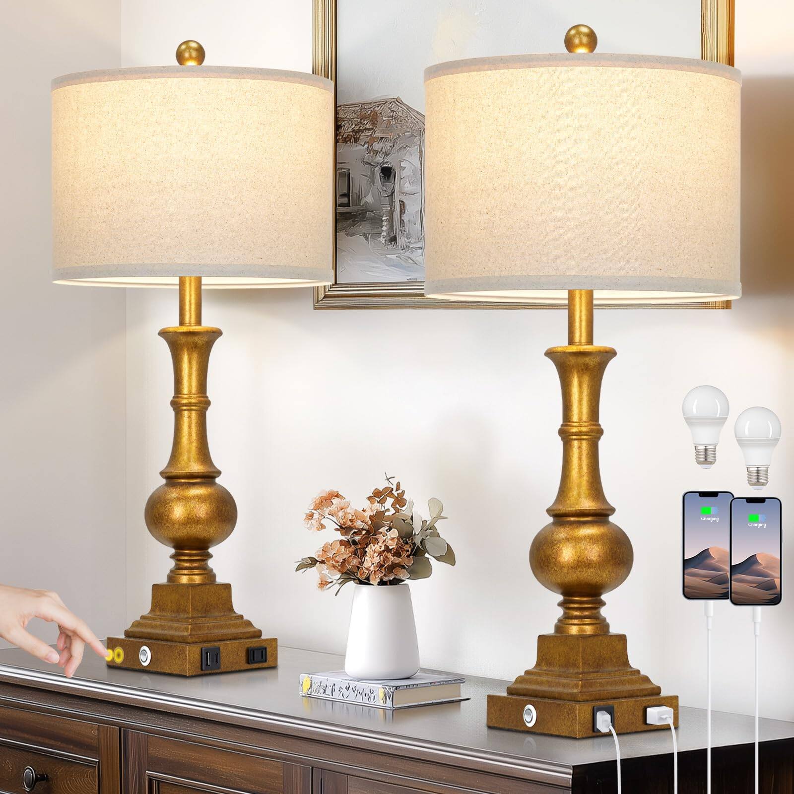 Dazzling Pops Farmhouse Table Lamps Set Of Rustic Touch Control Bedside ...