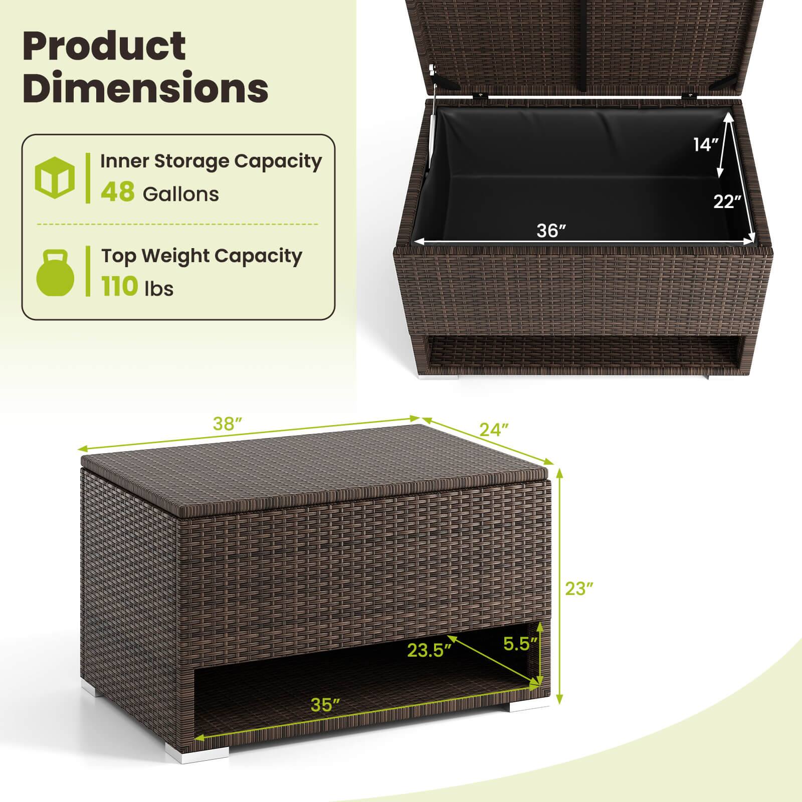 Product Dimensions

- Inner Storage Capacity: 48 Gallons
- Top Weight Capacity: 110 lbs

Dimensions:
- Length: 38"
- Width: 24"
- Height: 23"
- Inner Length: 36"
- Inner Width: 22"
- Inner Height: 14"
- Bottom Length: 35"
- Bottom Width: 23.5"
- Bottom Height: 5.5"
