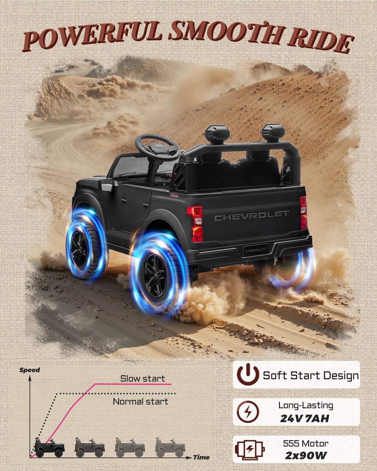 POWERFUL SMOOTH RIDE - CHEVROLET

- Soft Start Design
- Long-Lasting 24V 7AH
- 555 Motor 2x90W

Speed
- Slow start
- Normal start
- Time